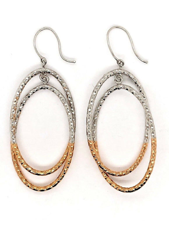 Italian 14k Two Tone Gold Hollow Diamond Cut Oval Dangle Earrings 2.25