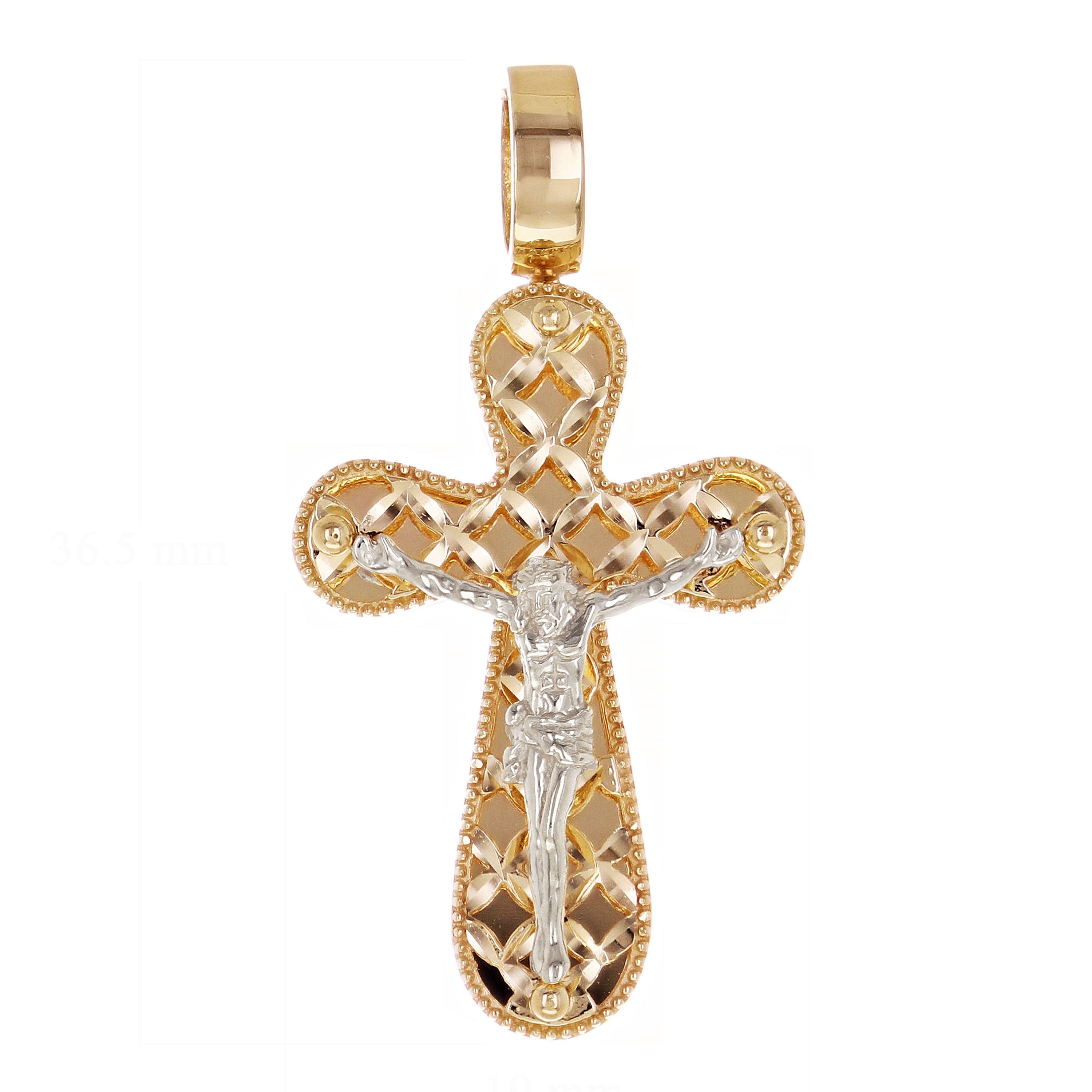 Italian 14k Two-Tone Gold 3D Double Sided Crucifix Cross Charm Pendant 1.4" 4.5g