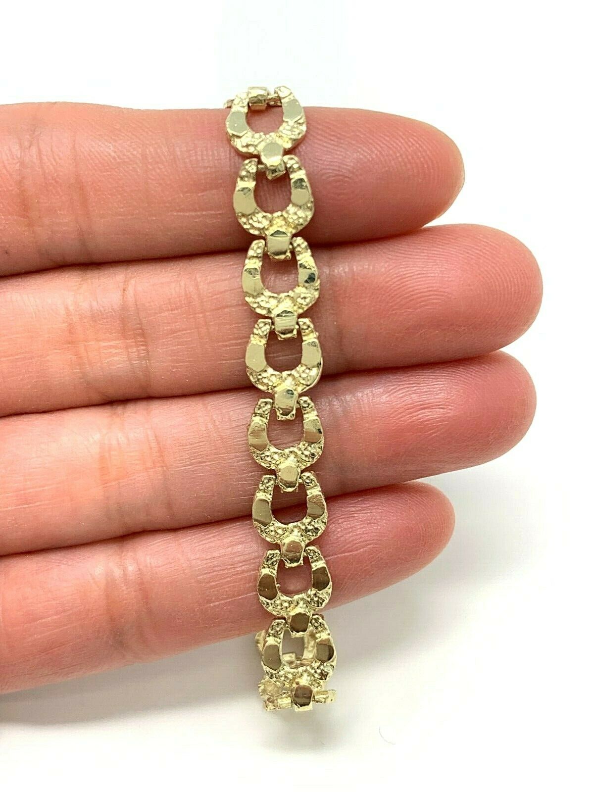 10k Yellow Gold Solid Nugget Horse Shoe Link Bracelet 8" 8mm 12 grams