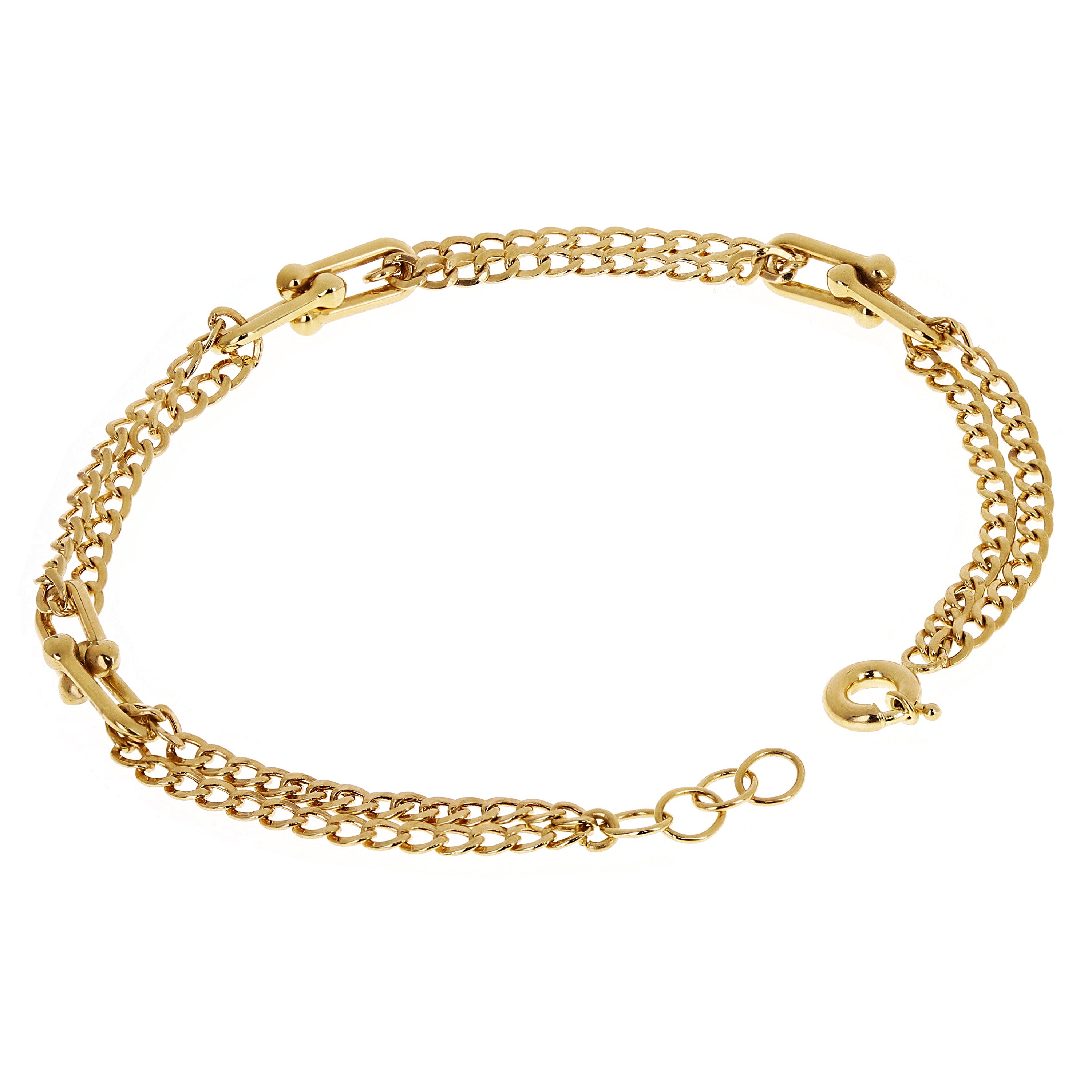 Italian 14k Yellow Gold U Shape Hardwear & Double Cuban Link Bracelet 7" 3.3gram