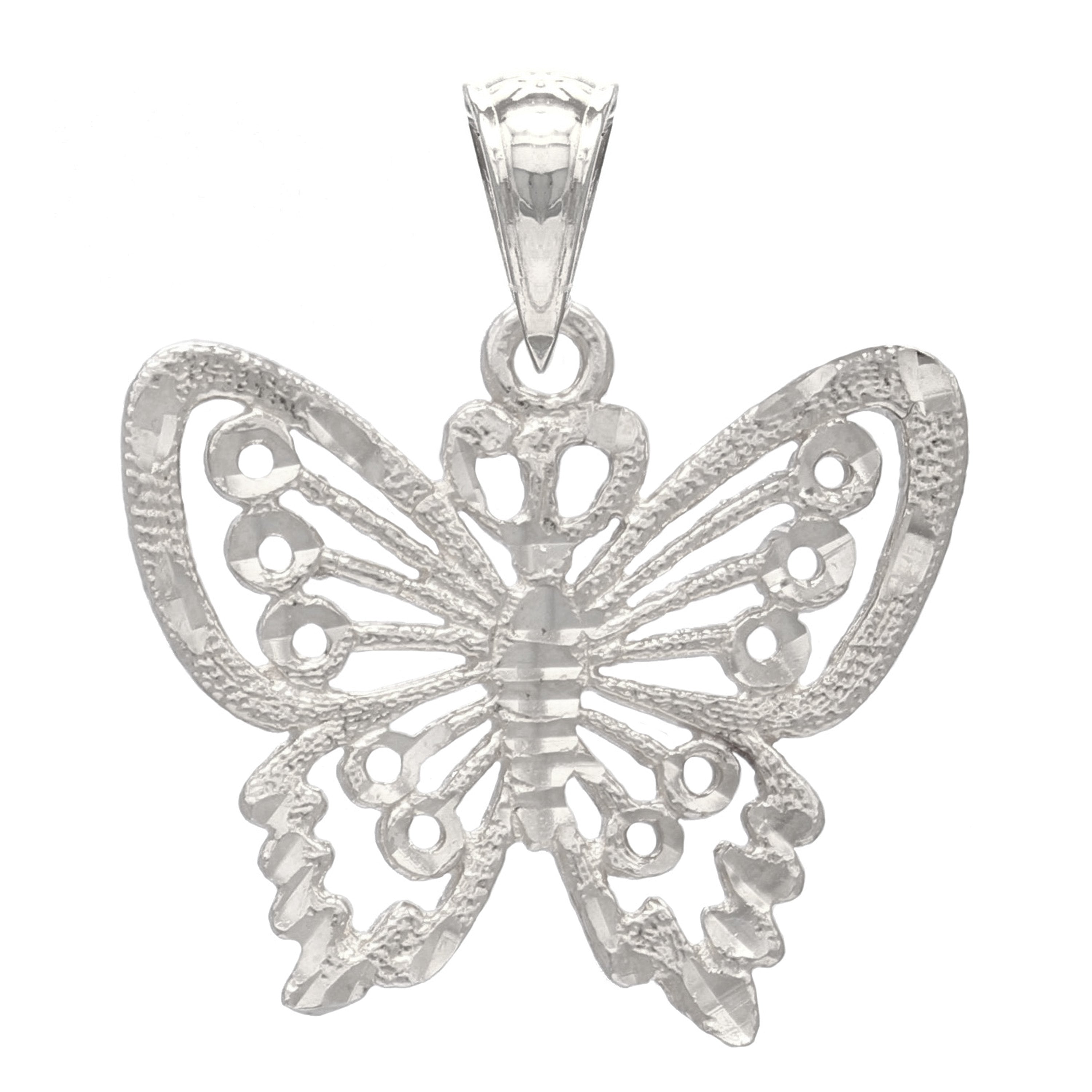 14k White Gold Solid Diamond Cut Butterfly Charm Pendant 2 grams - White