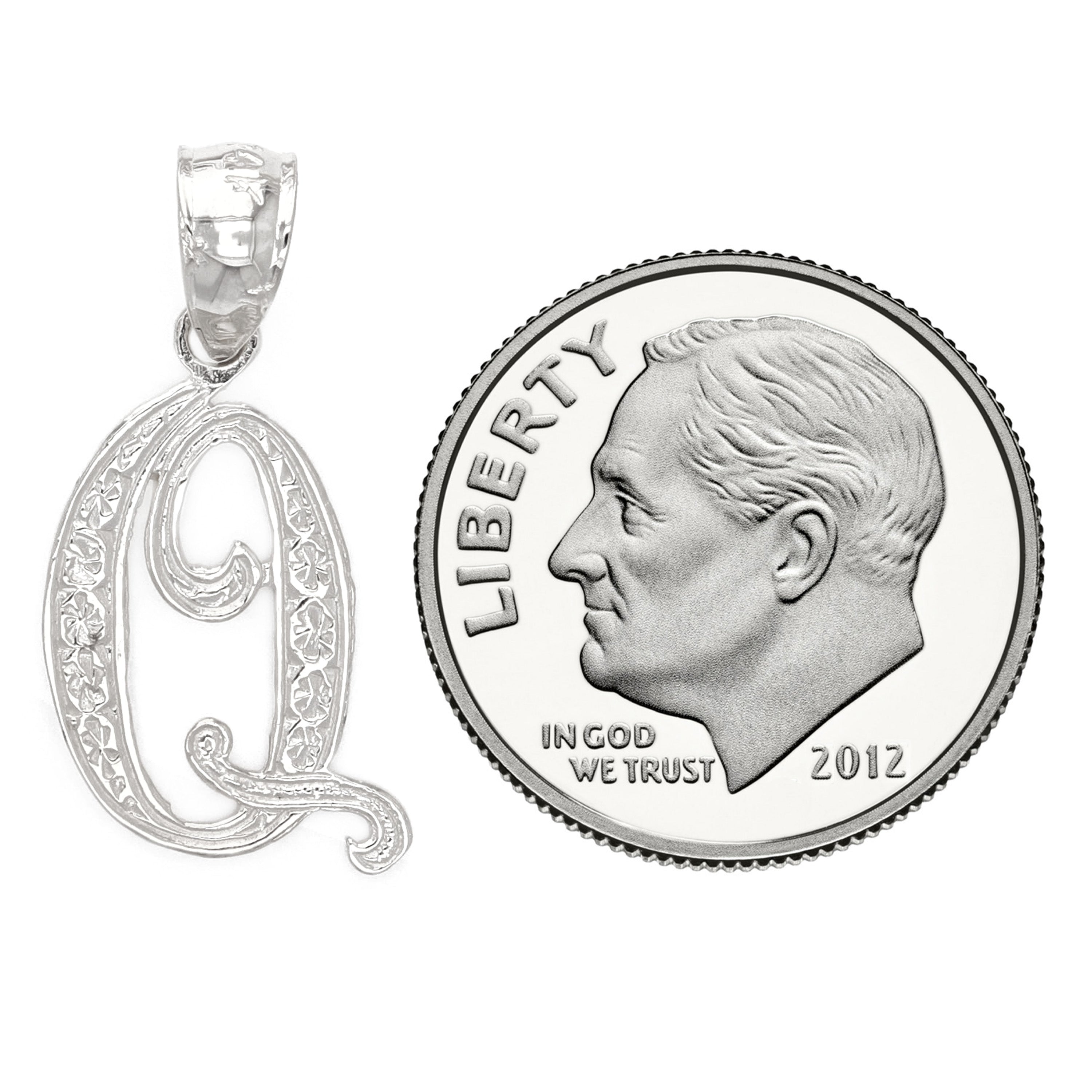 14k White Gold Initial Letter Q Alphabet Charm Pendant - Letter Q,White