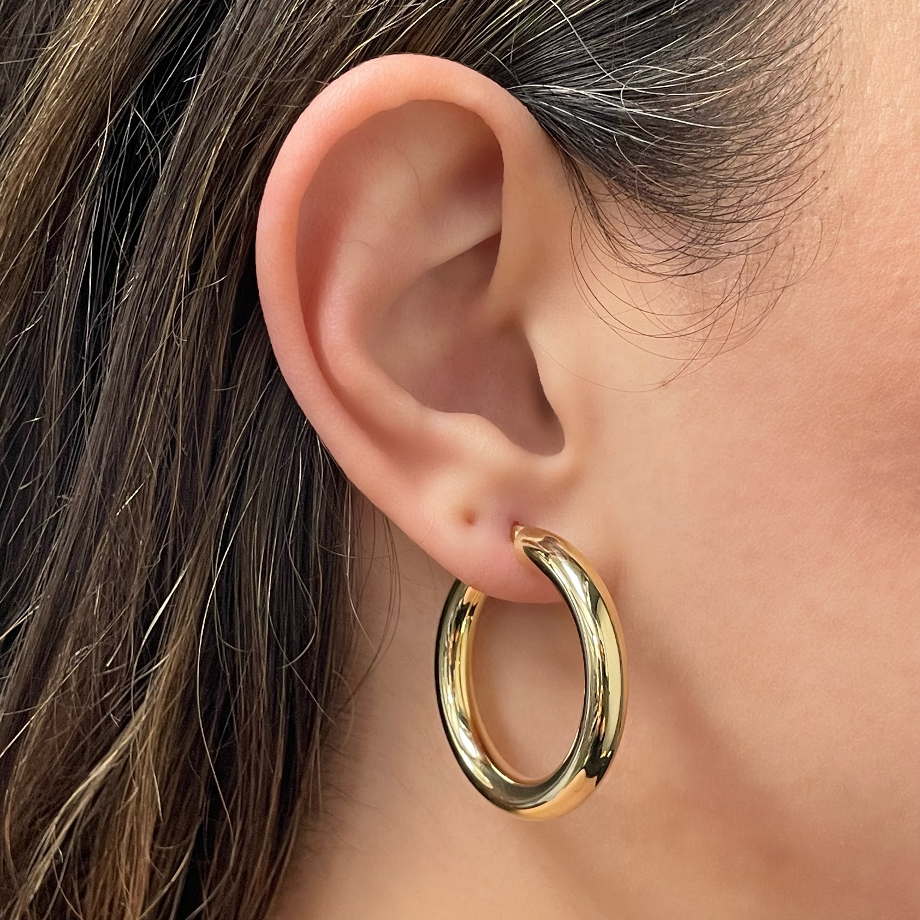 Italian 14k Yellow Gold Hollow High Polished Round Hoop Earrings 1.4" 5mm 5grams