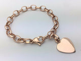 14k Rose Gold Oval Rolo Link Chain Heart Charm Bracelet 8.5" 19 grams