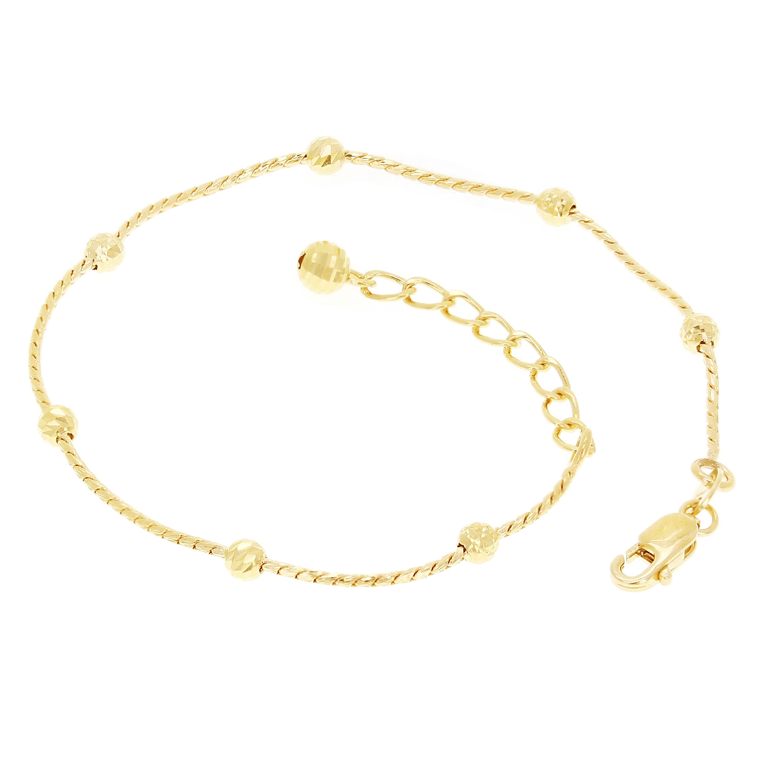 Italian 18k Yellow Gold Diamond Cut Chain Ball Bead Station Bracelet Adj. 6-7"