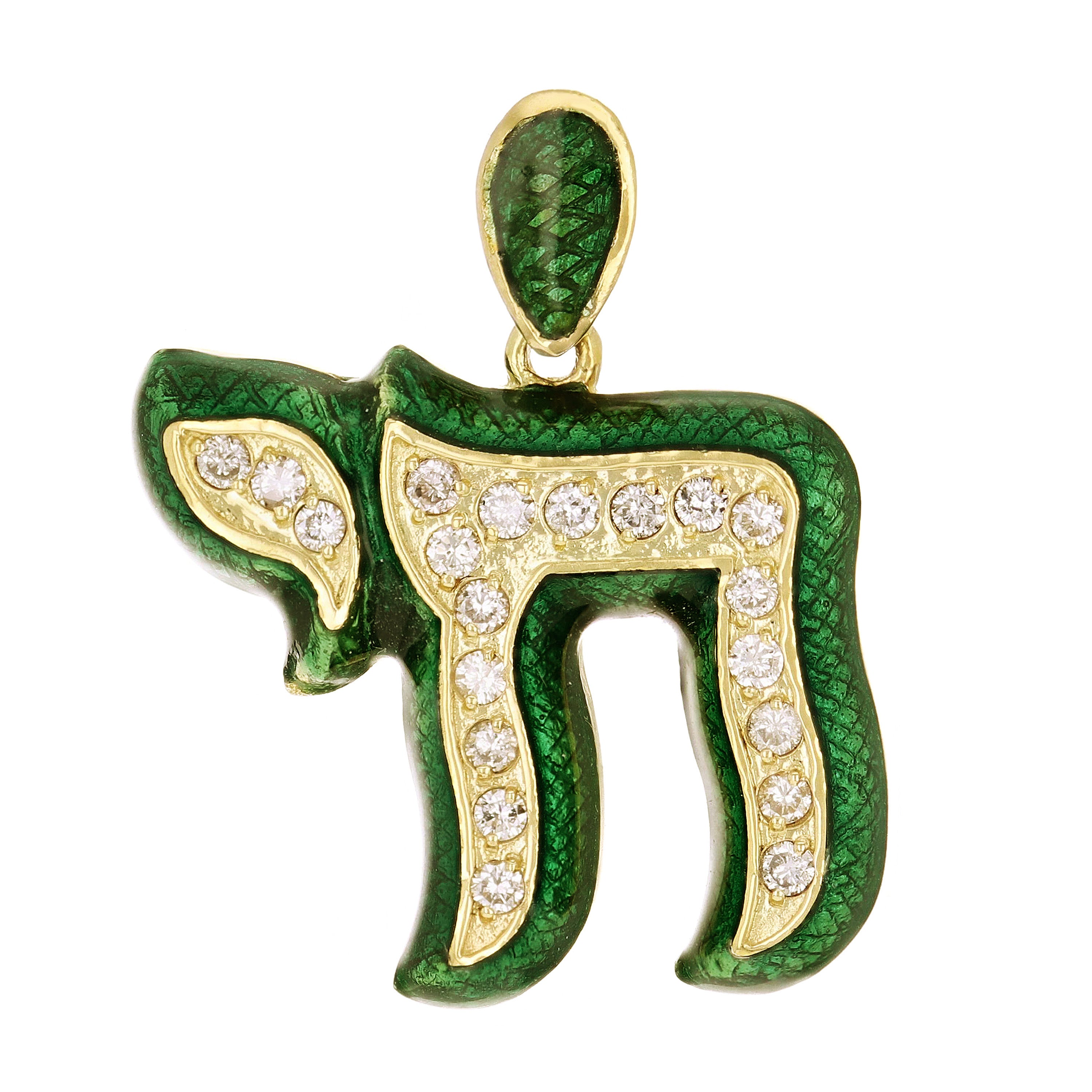 14k Yellow Gold Green Enamel Hebrew Jewish Chai Symbol Life with Diamonds Pendant - Green