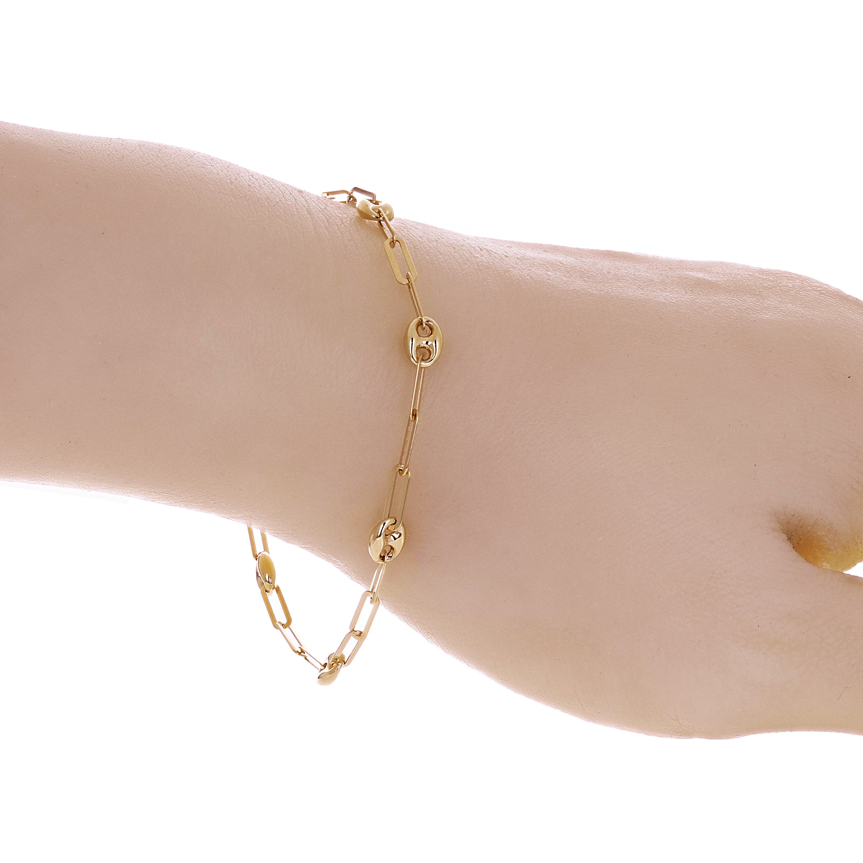 Italian 14k Yellow Gold Hollow Oval & Paper Clip Link Bracelet 7" 5mm 2.5 grams