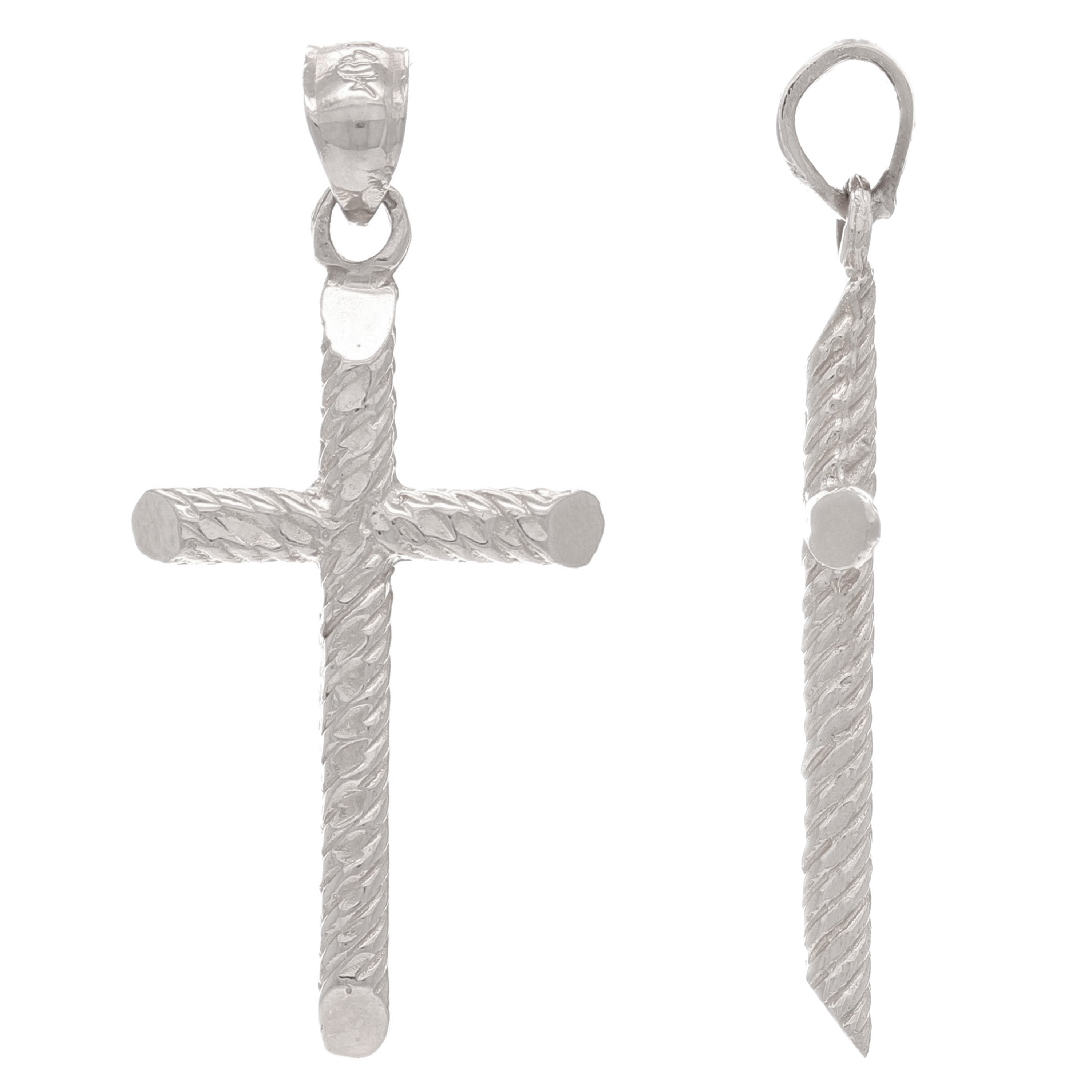 14k White Gold Diamond Cut Cross Religious Charm Pendant 1.3" 2.5 grams - White