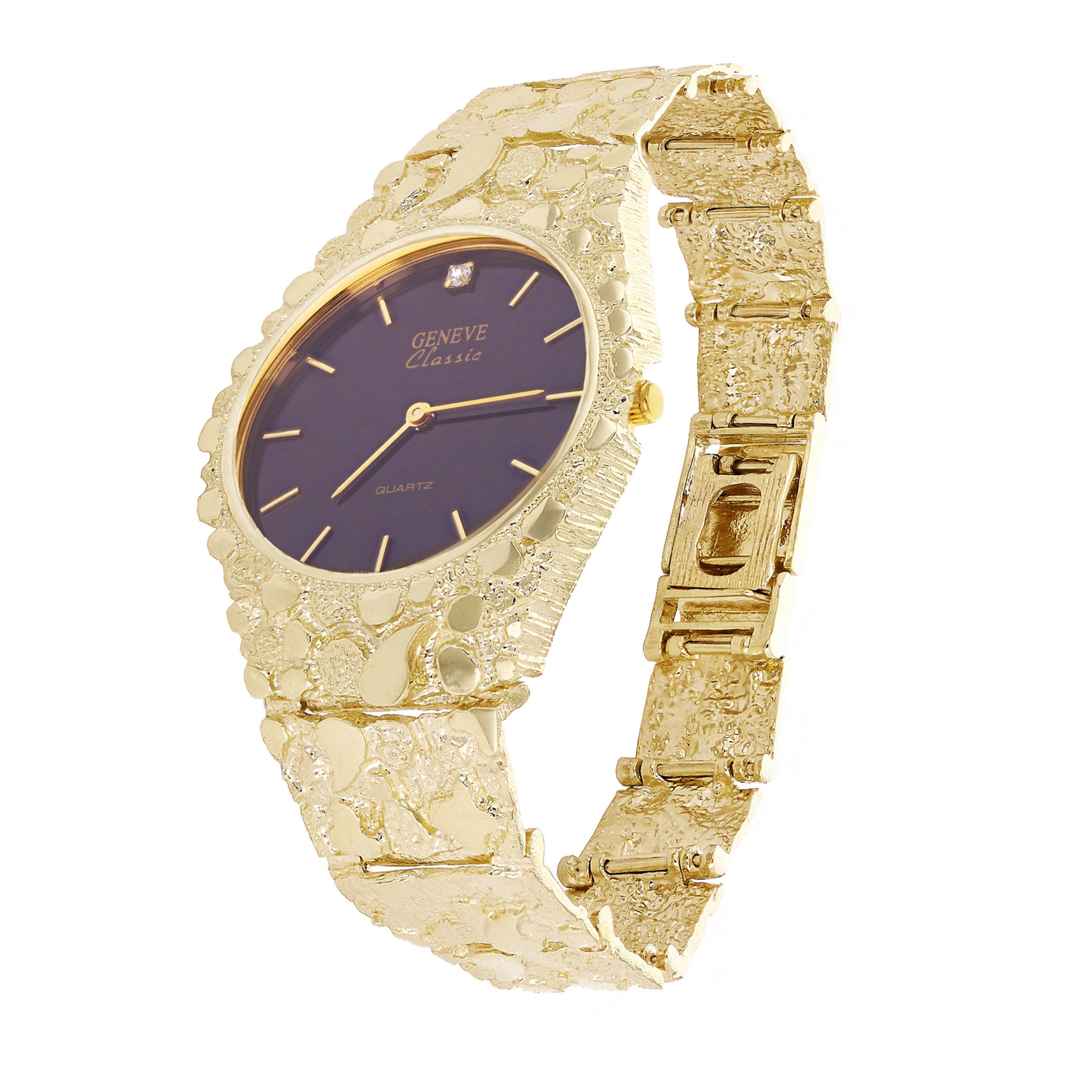 10k Yellow Gold Nugget Link Geneve Wrist Watch with Diamond 7.5-8" 50 grams