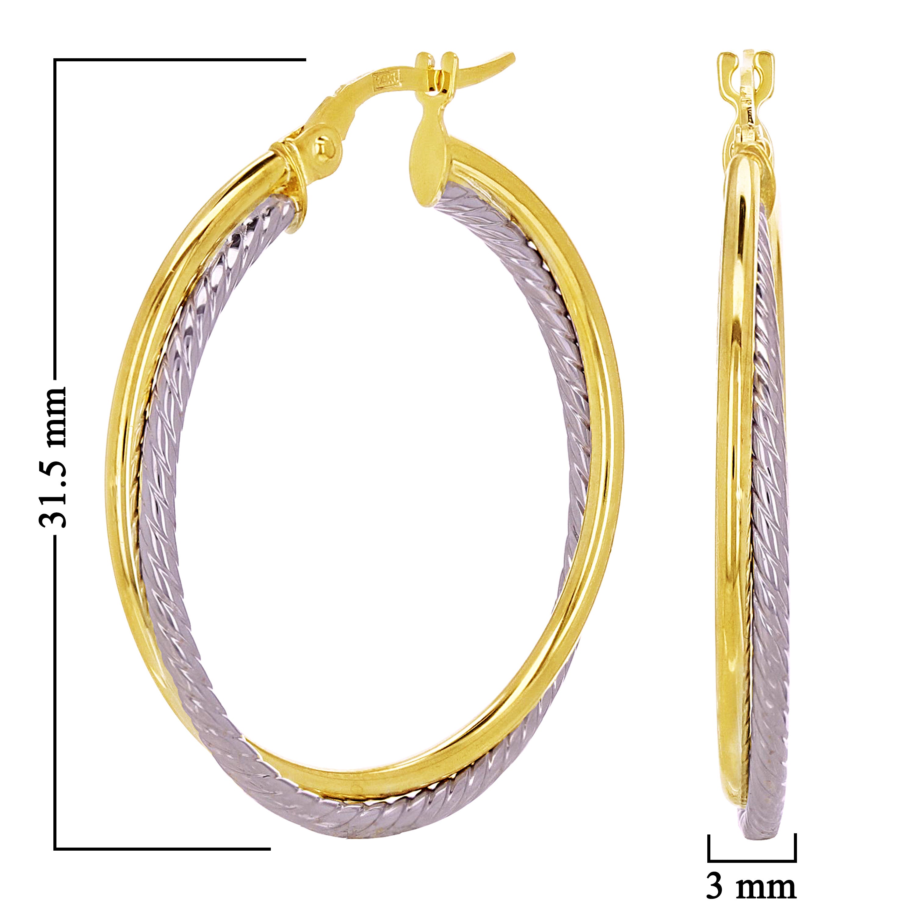 Italian 14k Two-Tone Gold Rope & Plain Entwined Hollow Hoop Earrings 1.2" 1.9 grams