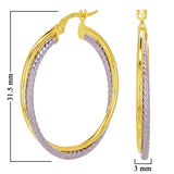 Italian 14k Two-Tone Gold Rope & Plain Entwined Hollow Hoop Earrings 1.2" 1.9 grams