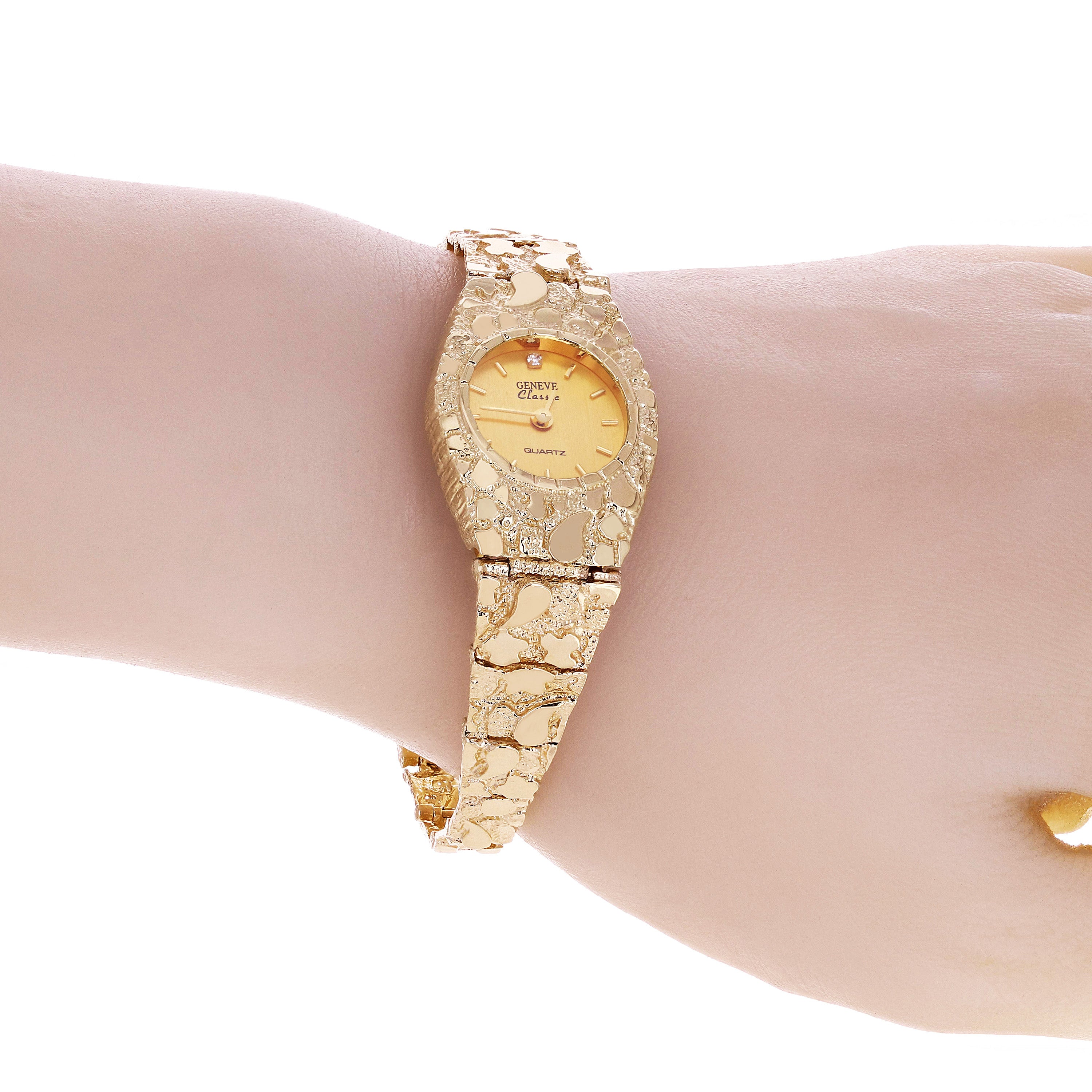 Women's 10k Yellow Gold Nugget Link Bracelet Geneve Wrist Watch with Diamond 8"