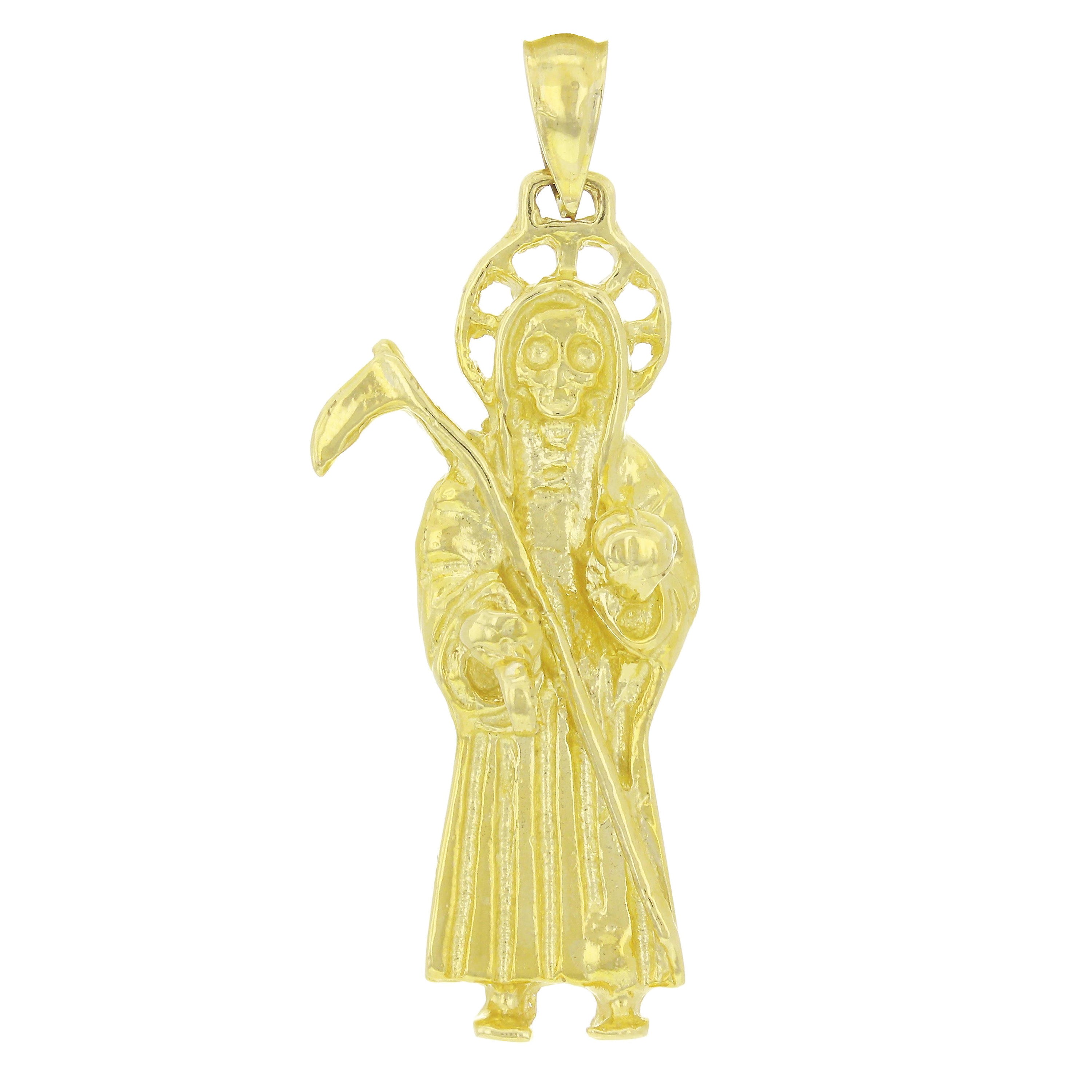 14k Yellow Gold Solid Santa Muerte Grim Reaper Angel of Death Charm Pendant 5.4g