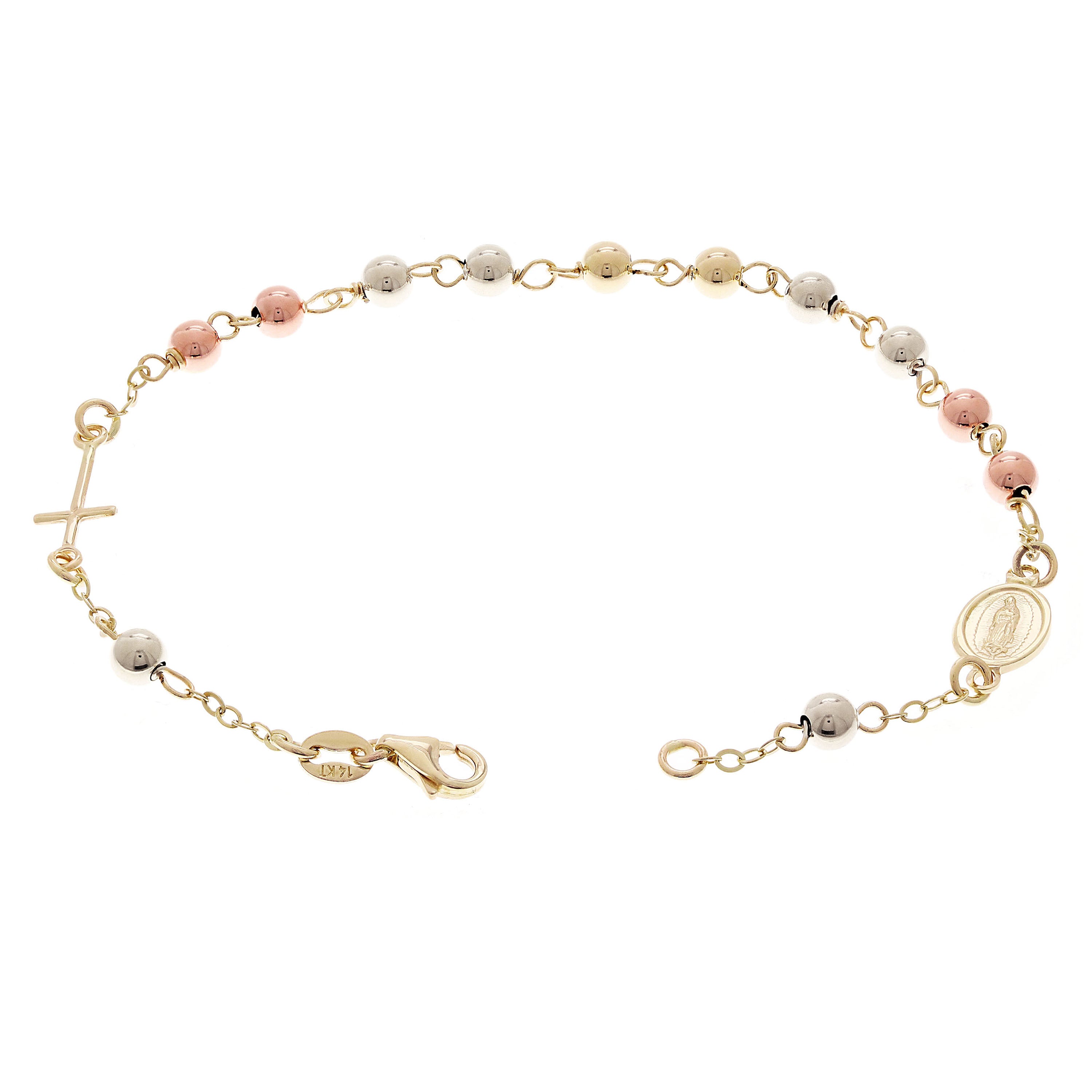 Italian 14k Tri-Color Gold Miraculous Medal Charm Rosary Bracelet 7.5" 4mm 3gram