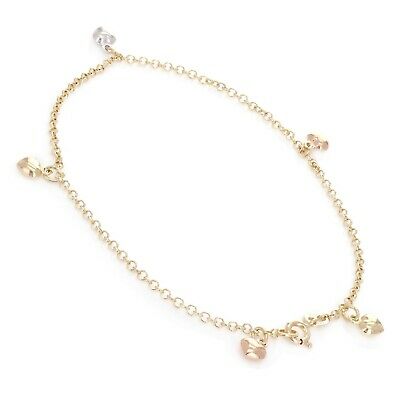 14k Tri Color Gold Heart Charm Anklet Bracelet 10" 2.4mm 4.3 grams