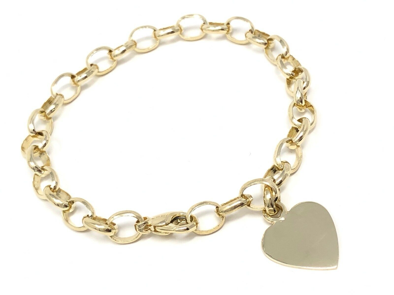 14k Yellow Gold Oval Link Chain Heart Charm Bracelet 7" 15.7 grams