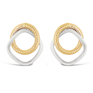 Italian 14k Yellow & White Gold Entwined Square Tube Double Hoop Stud Earrings