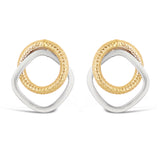 Italian 14k Yellow & White Gold Eternity & Square Tube Double Hoop Stud Earrings - Textured Circular