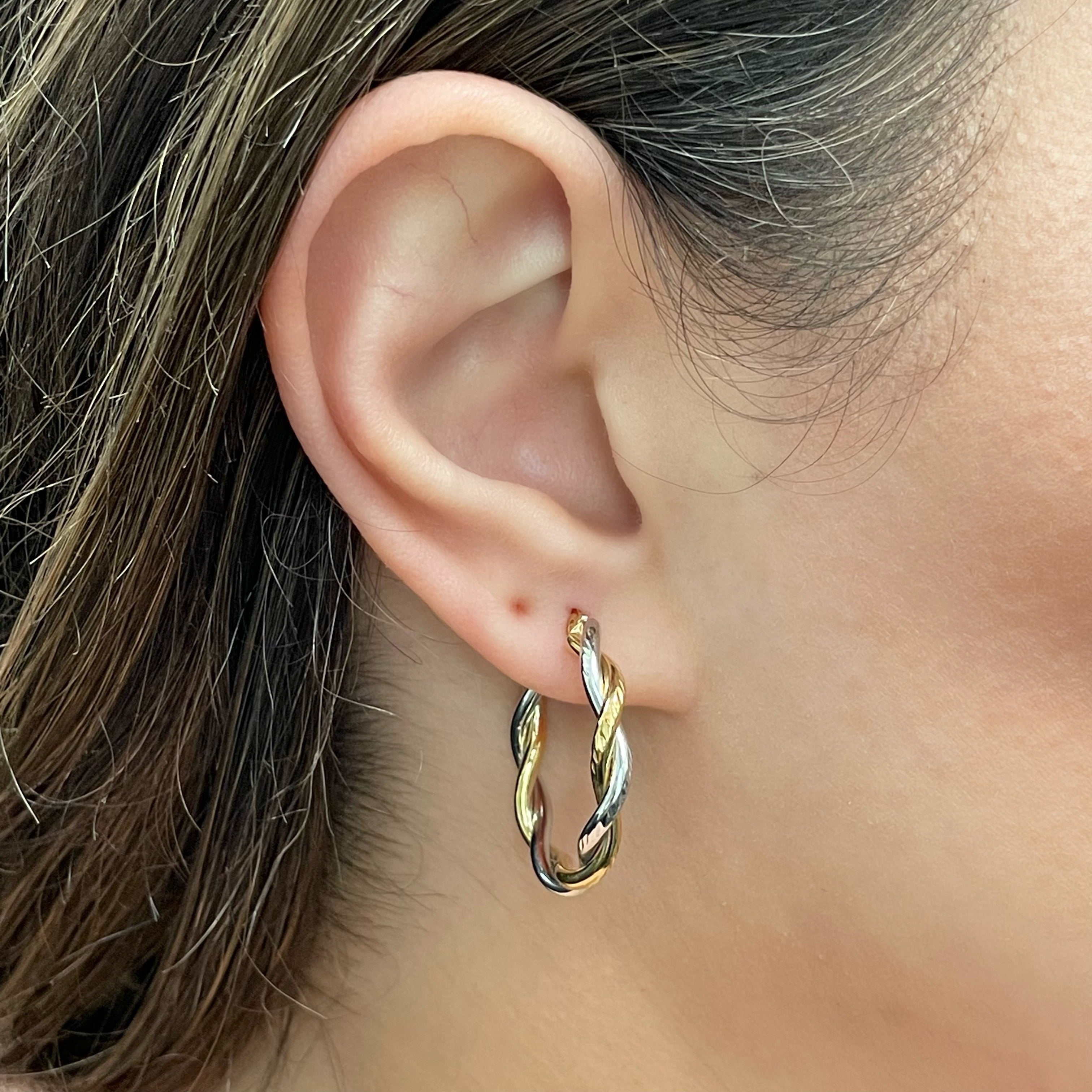 Italian 14k Yellow & White Gold Twisted Diamond Cut Medium Hollow Hoop Earrings