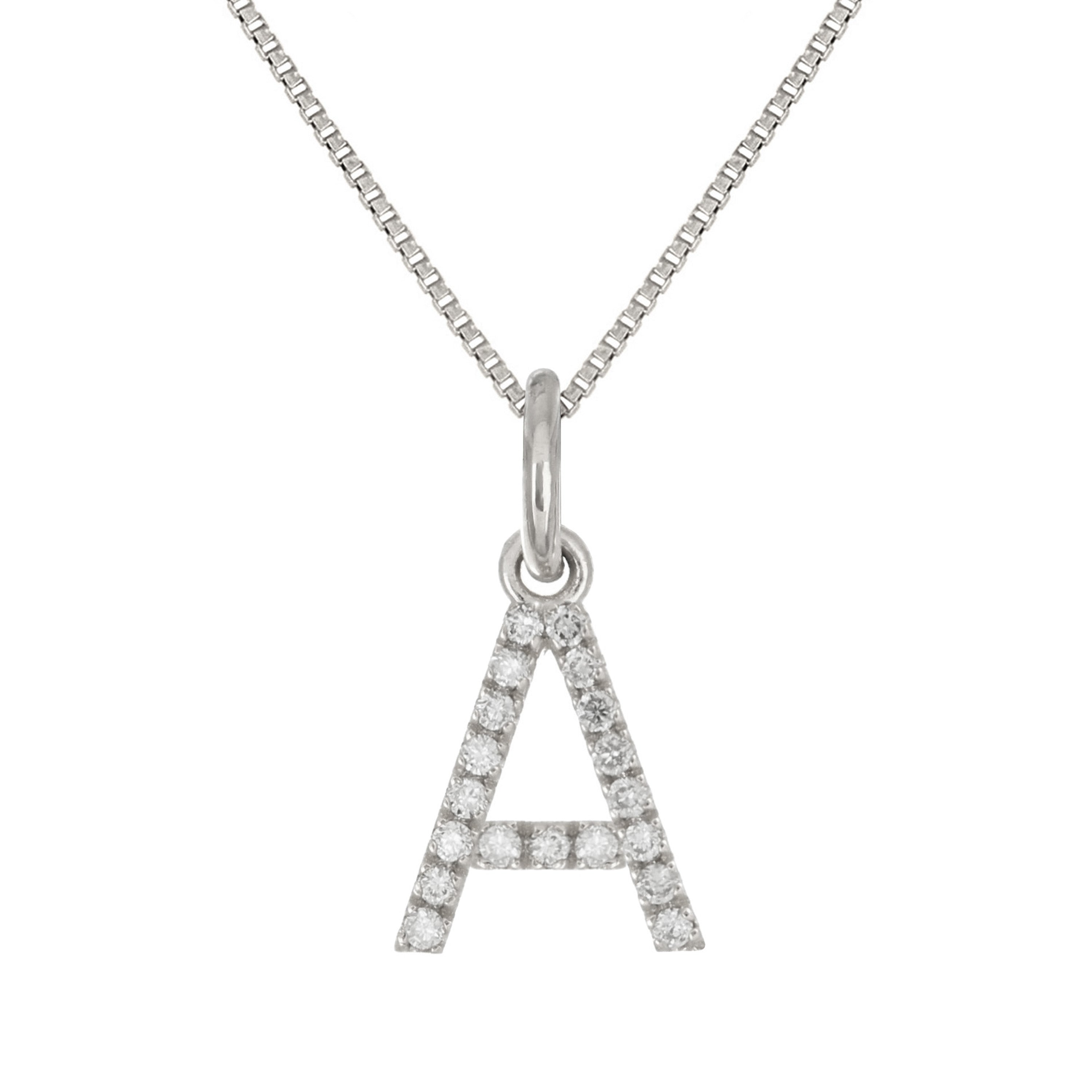 14k White Gold Diamond Initial Letter A Charm Pendant Necklace 18" - Letter A,White