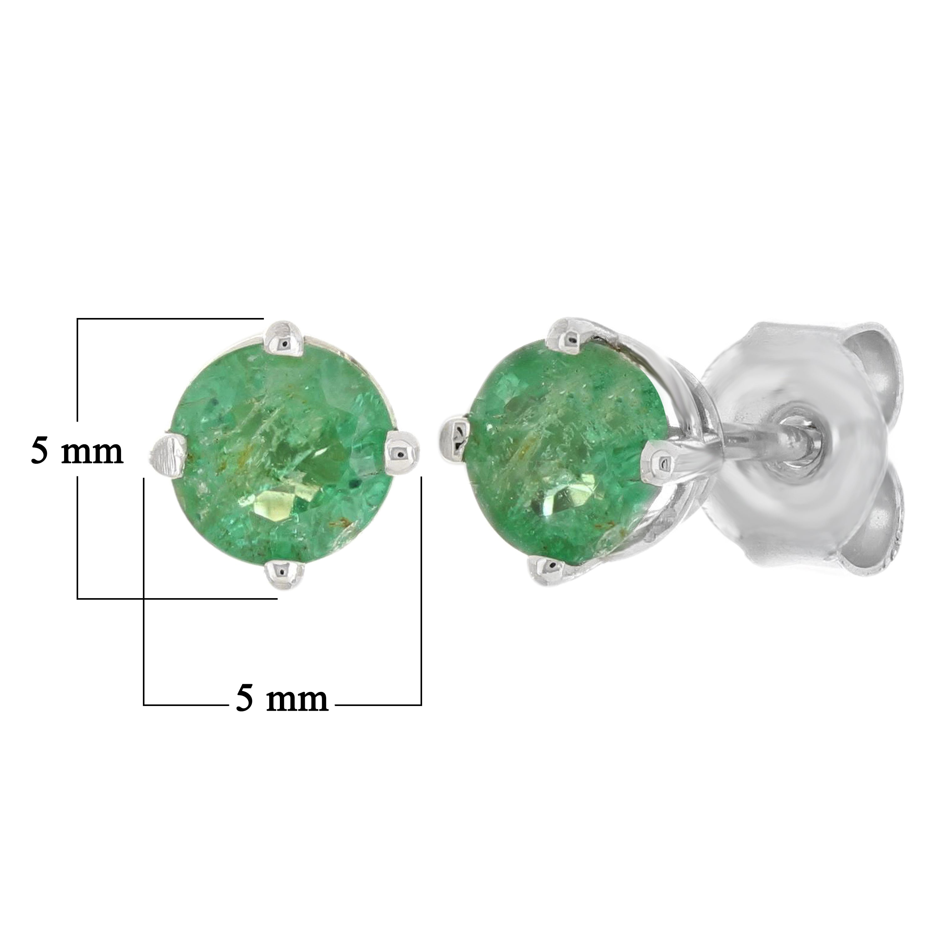 14k White Gold Round Emerald Solitaire Stud Earrings