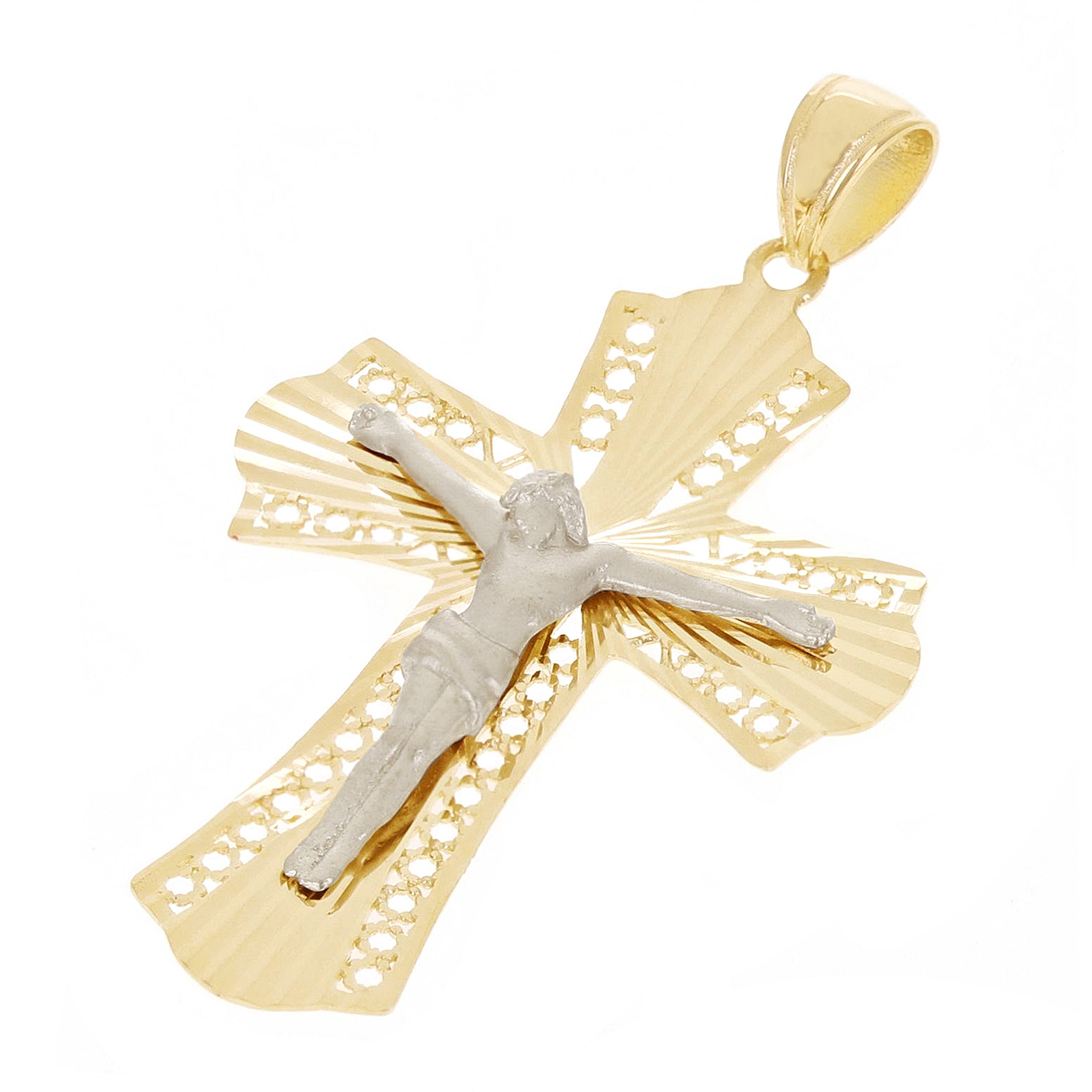 Italian 14k Two-Tone Gold Filigree Crucifix Cross Charm Pendant 1.7" 3 grams - Yellow and White