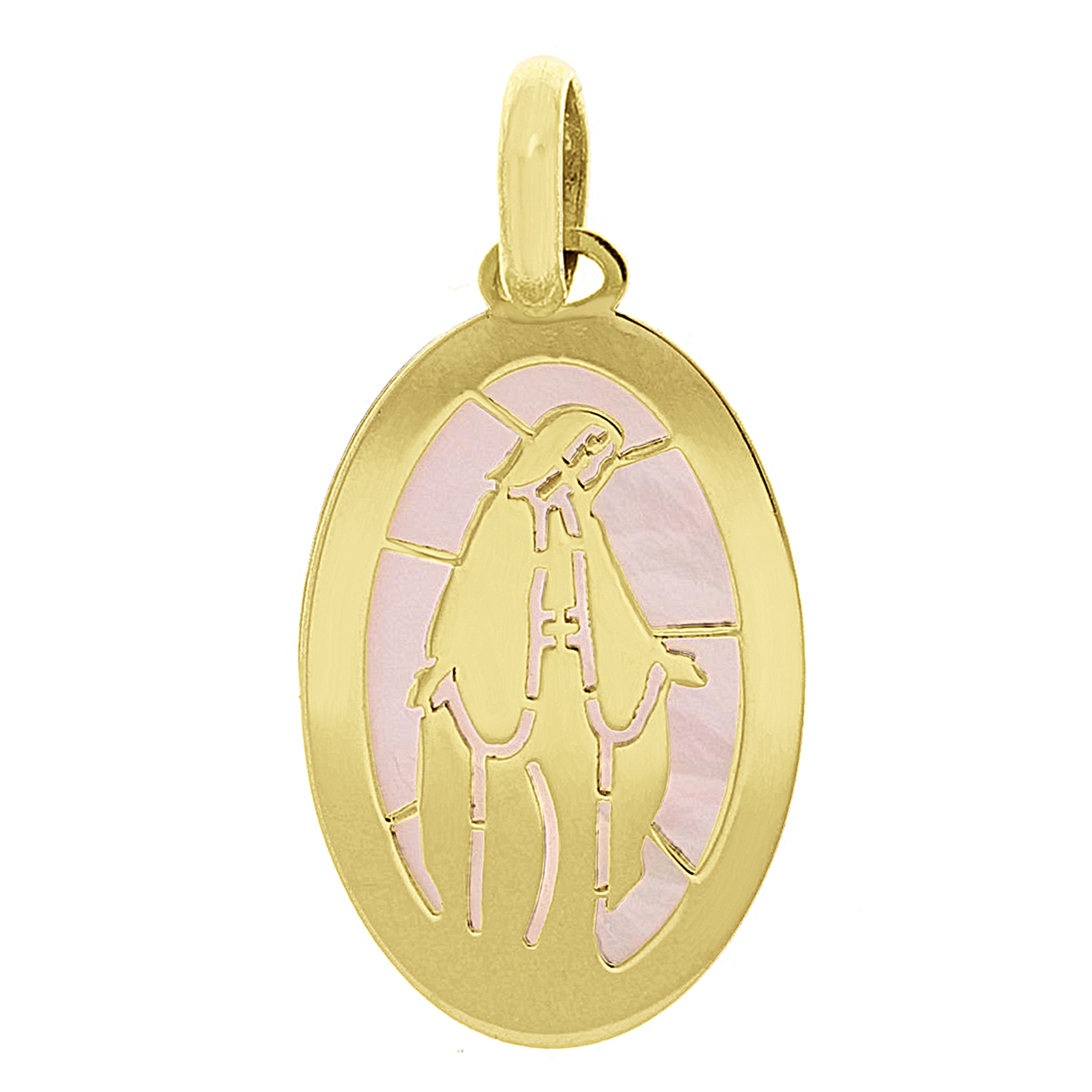 Italian 14k Yellow Gold Mother of Pearl Mother of God Virgin Mary Charm Pendant