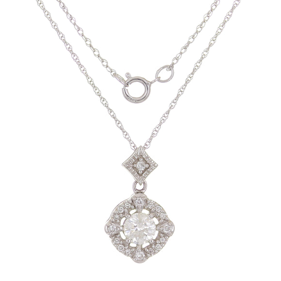 14k White Gold 0.50ctw Diamond Solitaire Halo Drop Pendant Necklace 18