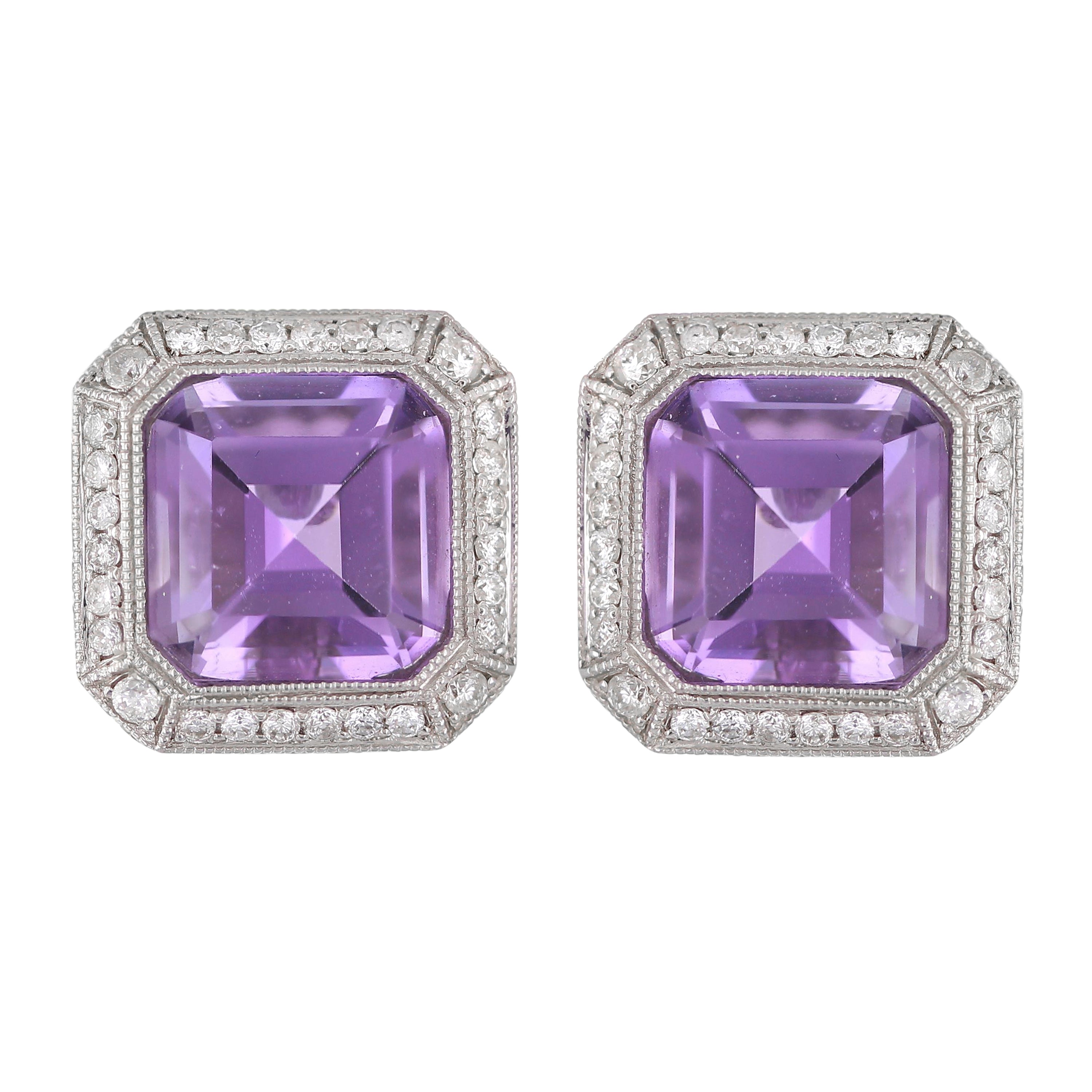 18k White Gold Amethyst & Diamond Halo Cushion Stud Earrings