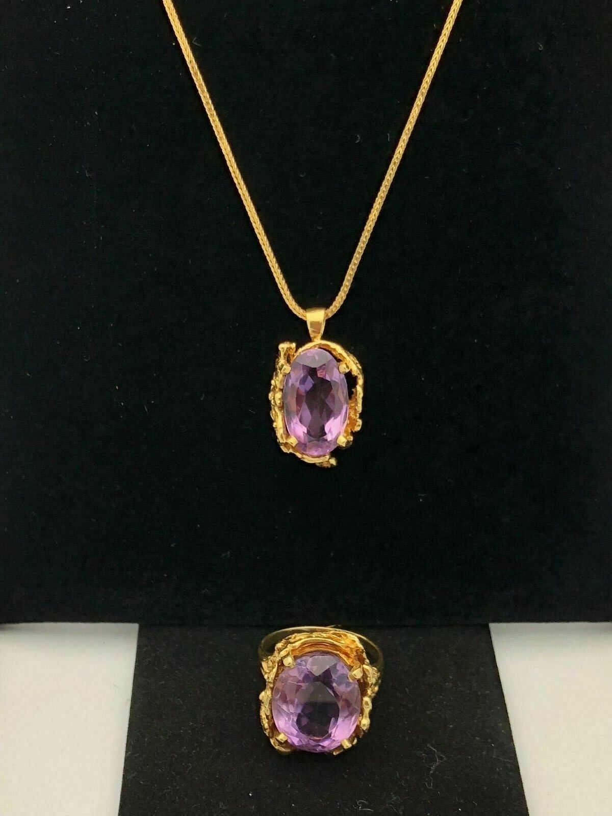 18k Yellow Gold Antique Vintage Oval Amethyst Pendant Necklace & Ring Set