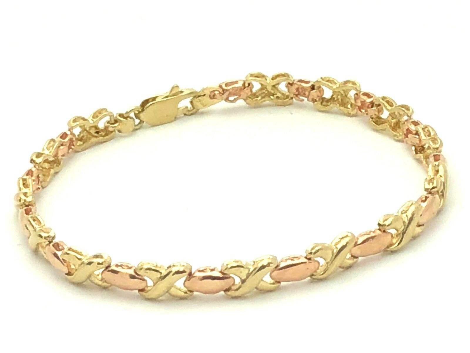 14k Two Tone Gold High Polished Hugs & Kisses XOXO Link Bracelet 7.25" 5.3mm 9g
