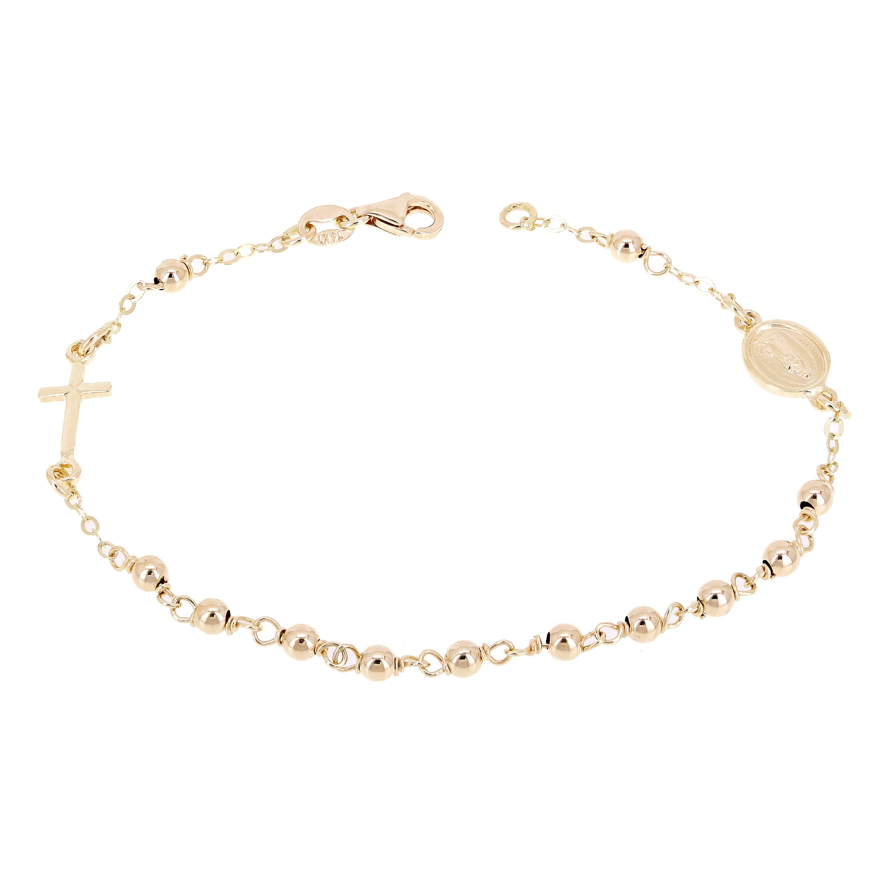 Italian 14k Yellow Gold Miraculous Medal Rosary Bracelet 7.5" 3mm 2.9 grams