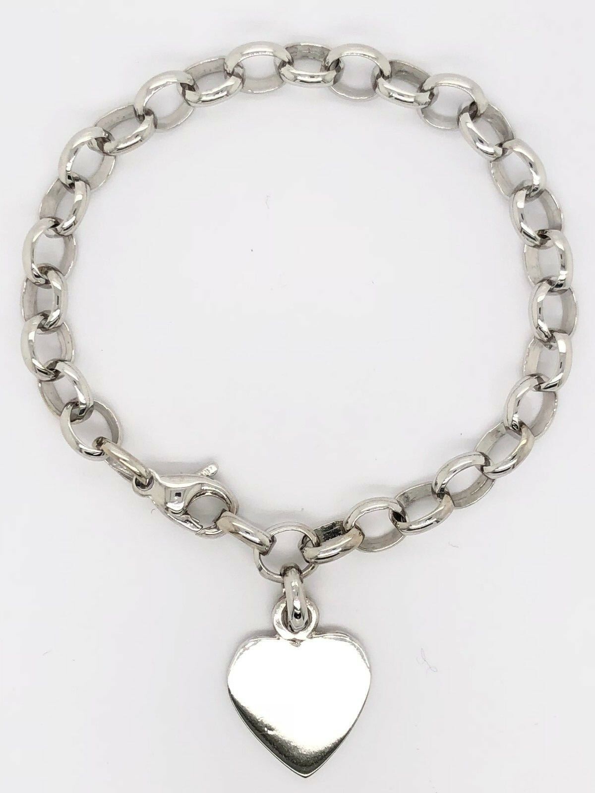 14k White Gold Oval Rolo Link Chain Heart Charm Bracelet 8" 18 grams