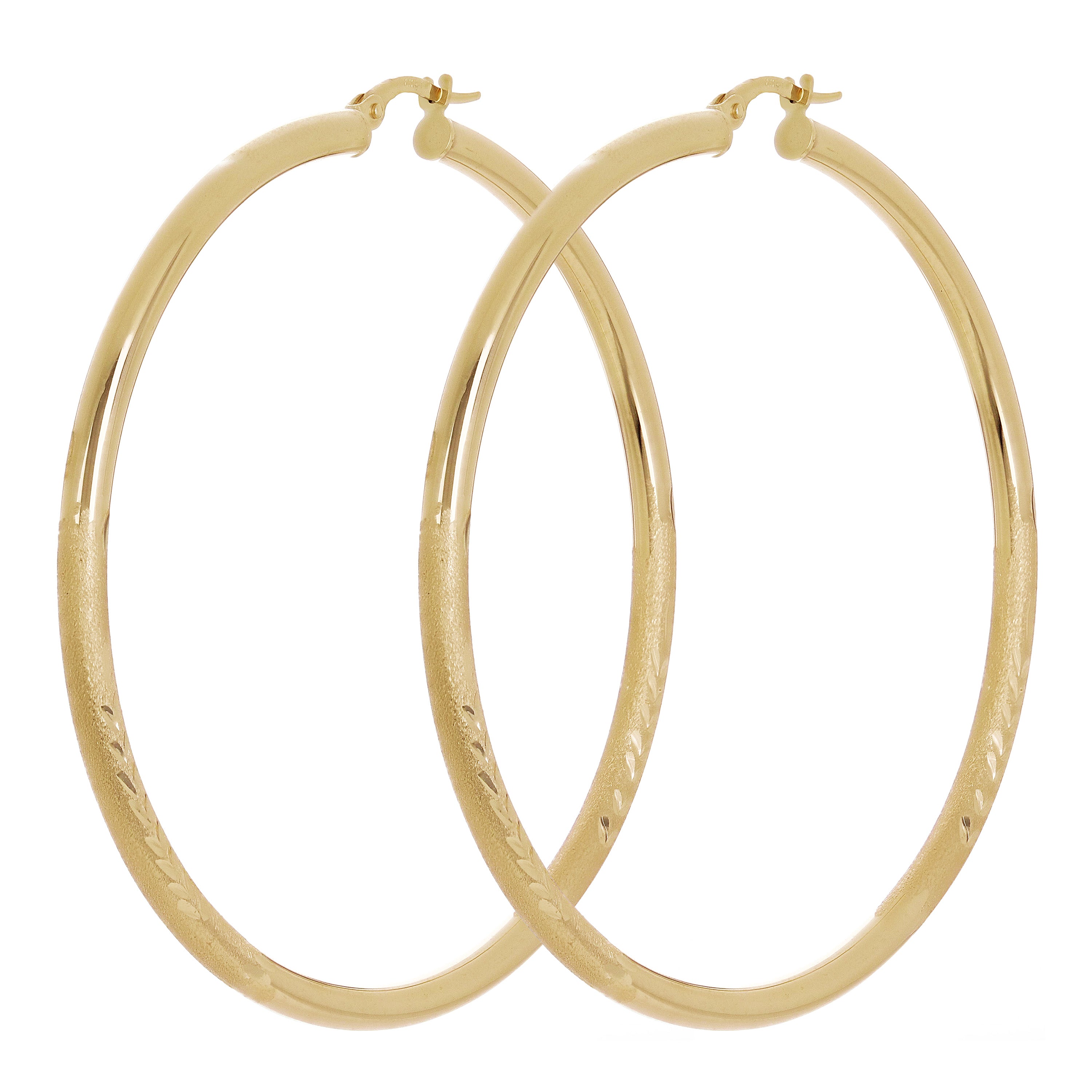 Italain 14k Yellow Gold Polished & Sand Finish Round Hoop Earrings 2.3" 3mm 4.6g