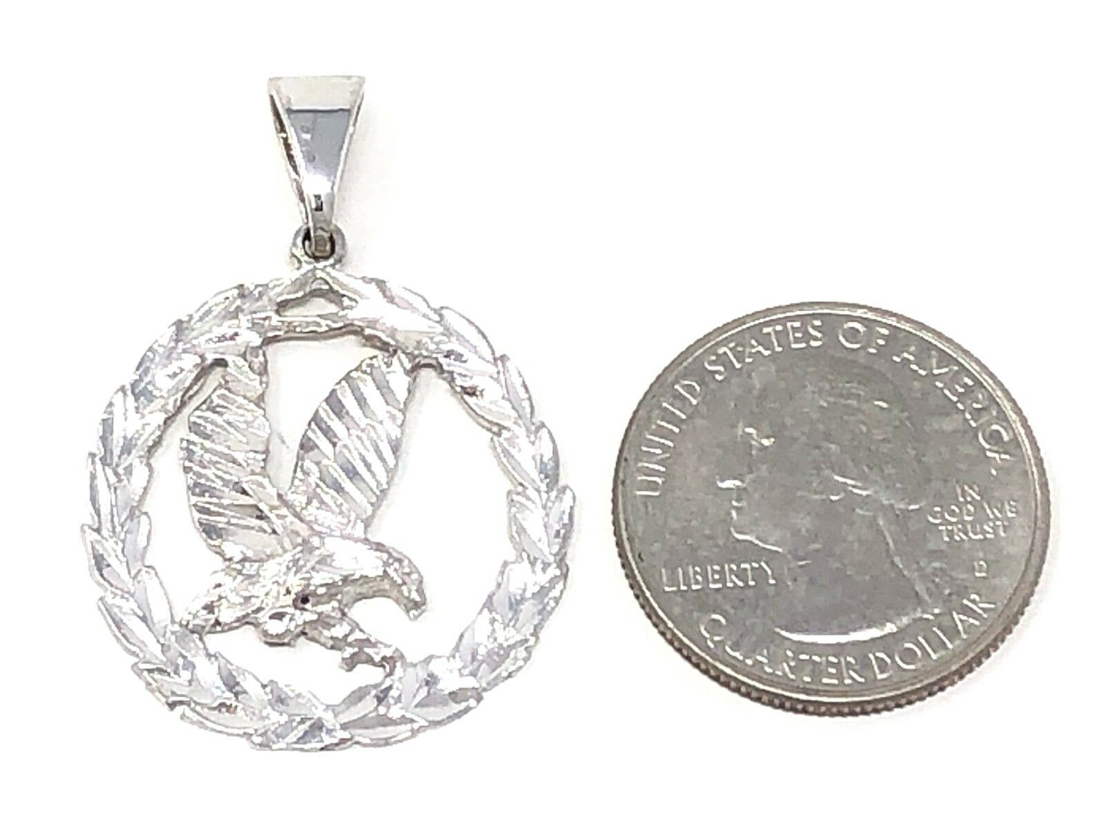 14k White Gold Solid Diamond Cut Flying Eagle in Wreath Charm Pendant 1.38" 4.5g