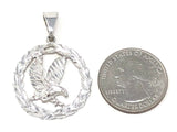 14k White Gold Solid Diamond Cut Flying Eagle in Wreath Charm Pendant 1.38" 4.5g