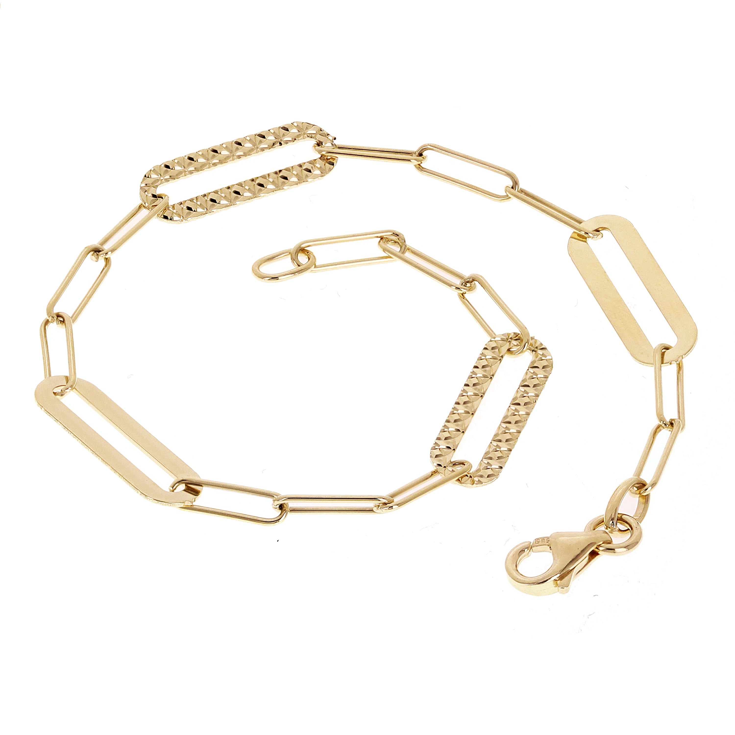 Italian 14k Yellow Gold High Polished & Diamond Cut Paperclip Link Bracelet 7"