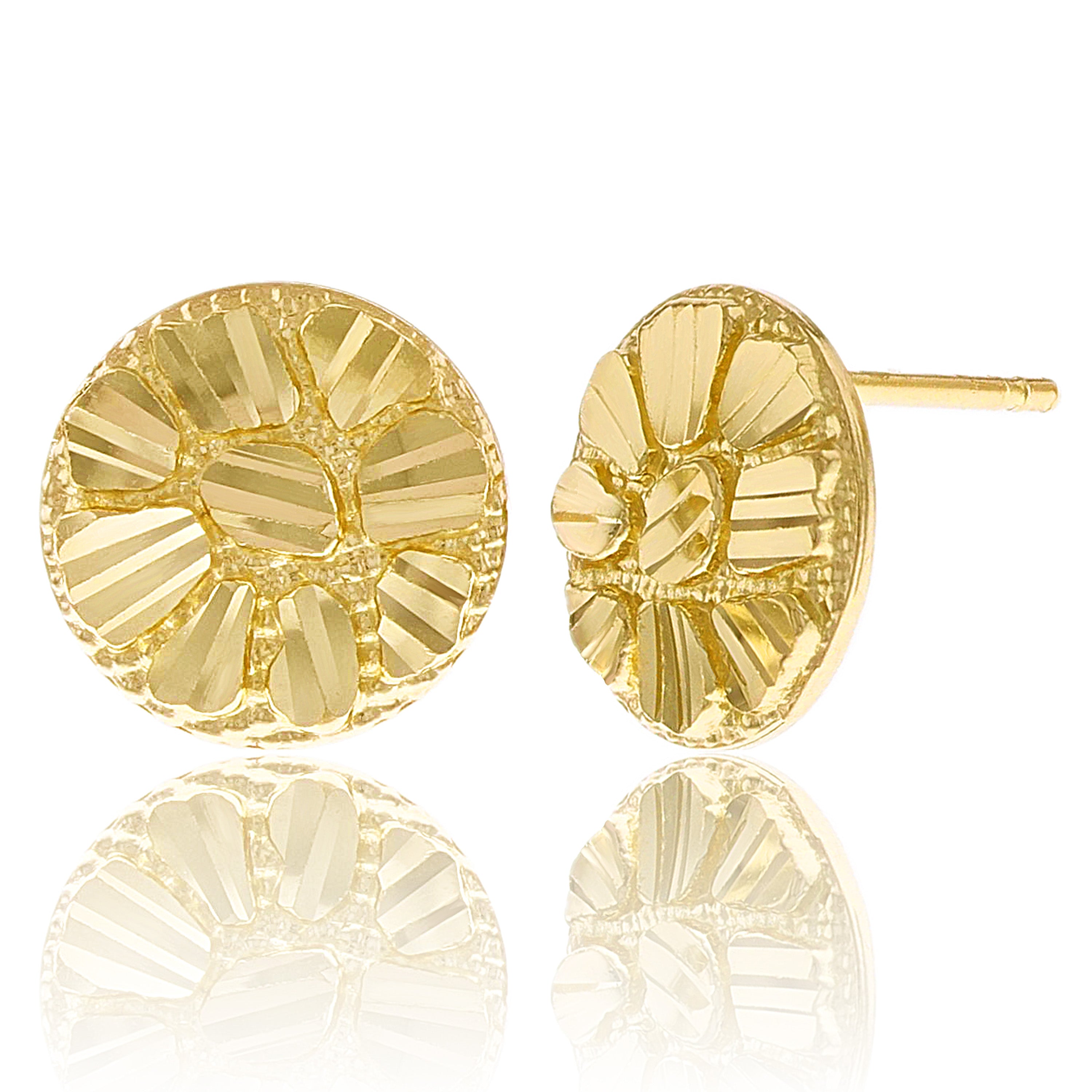 14k Yellow Gold Diamond Cut Nugget Round Stud Earrings 10mm 1.4 grams