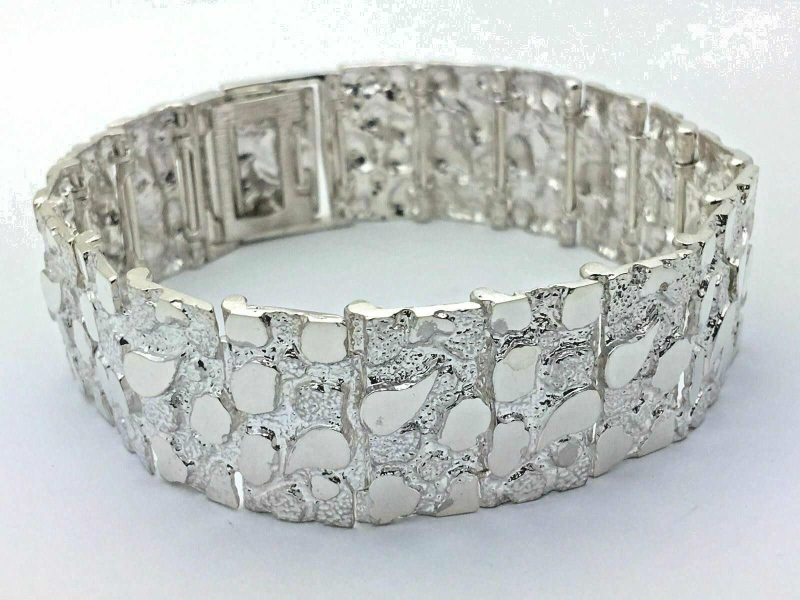 925 Sterling Silver Solid Nugget Bracelet Adjustable 8" 21.5mm 51.3 grams