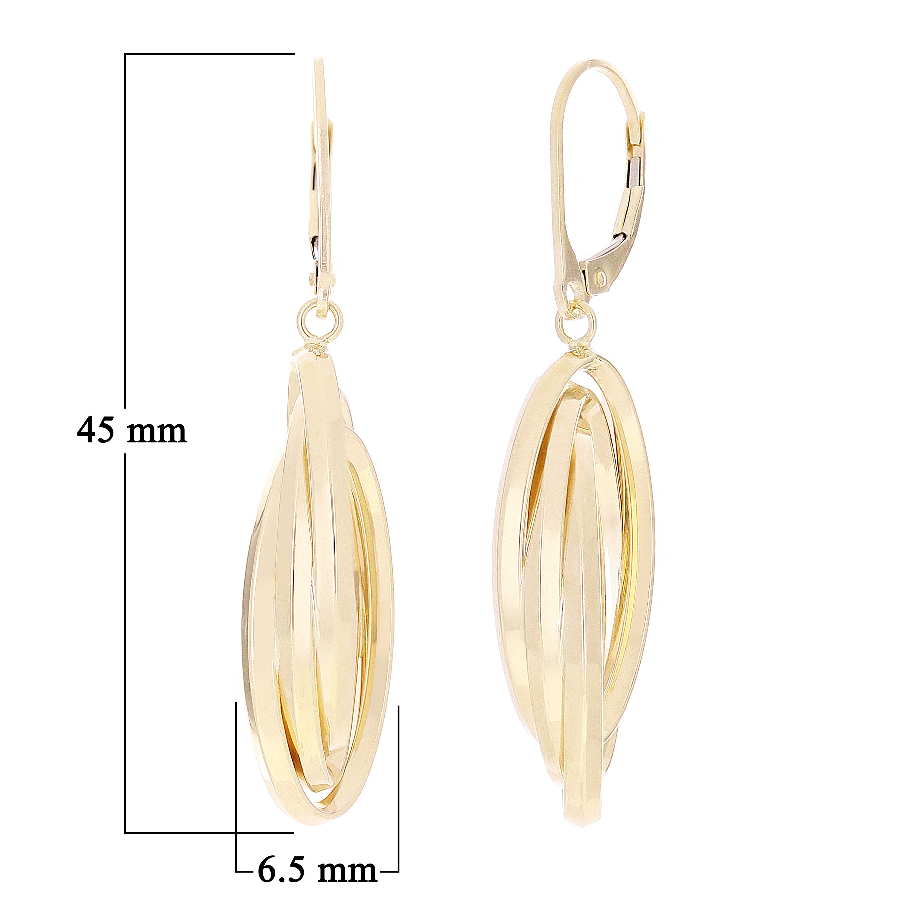 Italian 14k Yellow Gold Polished Triple Entwined Oval Hollow Dangle Earrings1.8"
