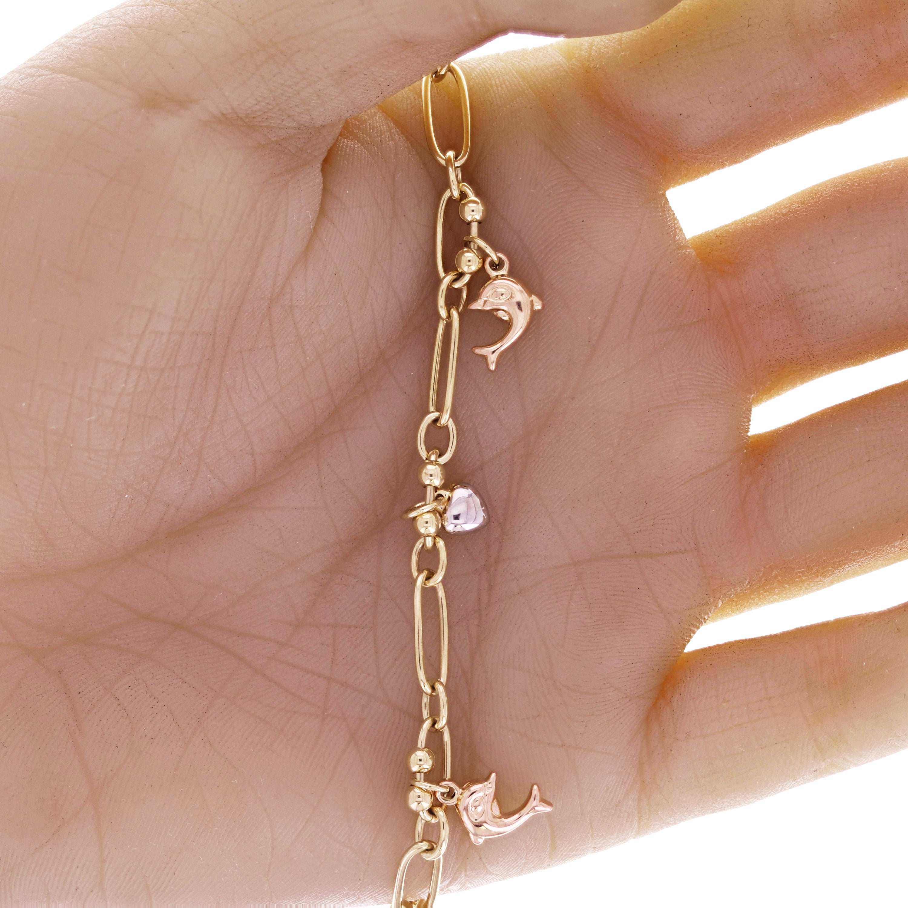 Italian 14k Tri Color Gold Heart & Dolphin Paper Clip Chain Bracelet 7.25" 7.3g