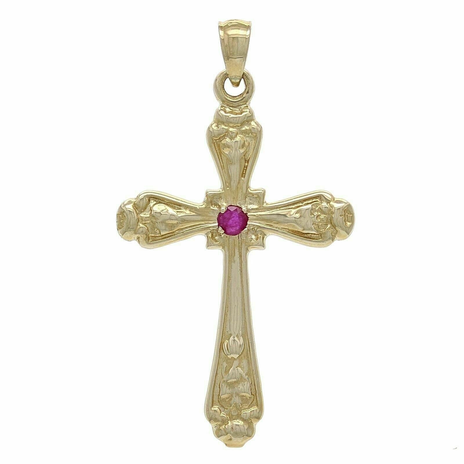 14k Yellow Gold Cross Charm Pendant with Ruby Gemstone Religious 5.4 grams