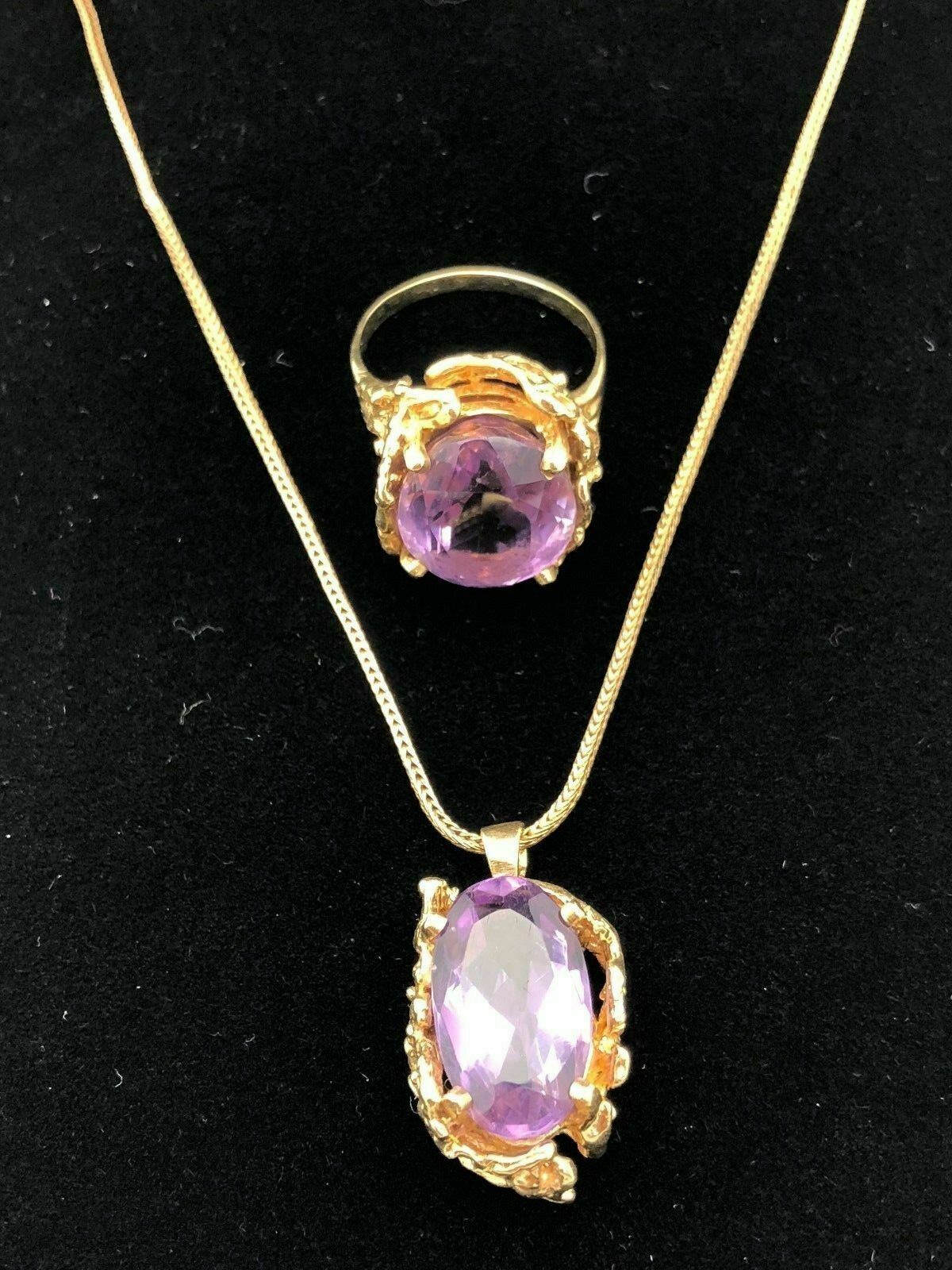 18k Yellow Gold Antique Vintage Oval Amethyst Pendant Necklace & Ring Set