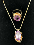 18k Yellow Gold Antique Vintage Oval Amethyst Pendant Necklace & Ring Set