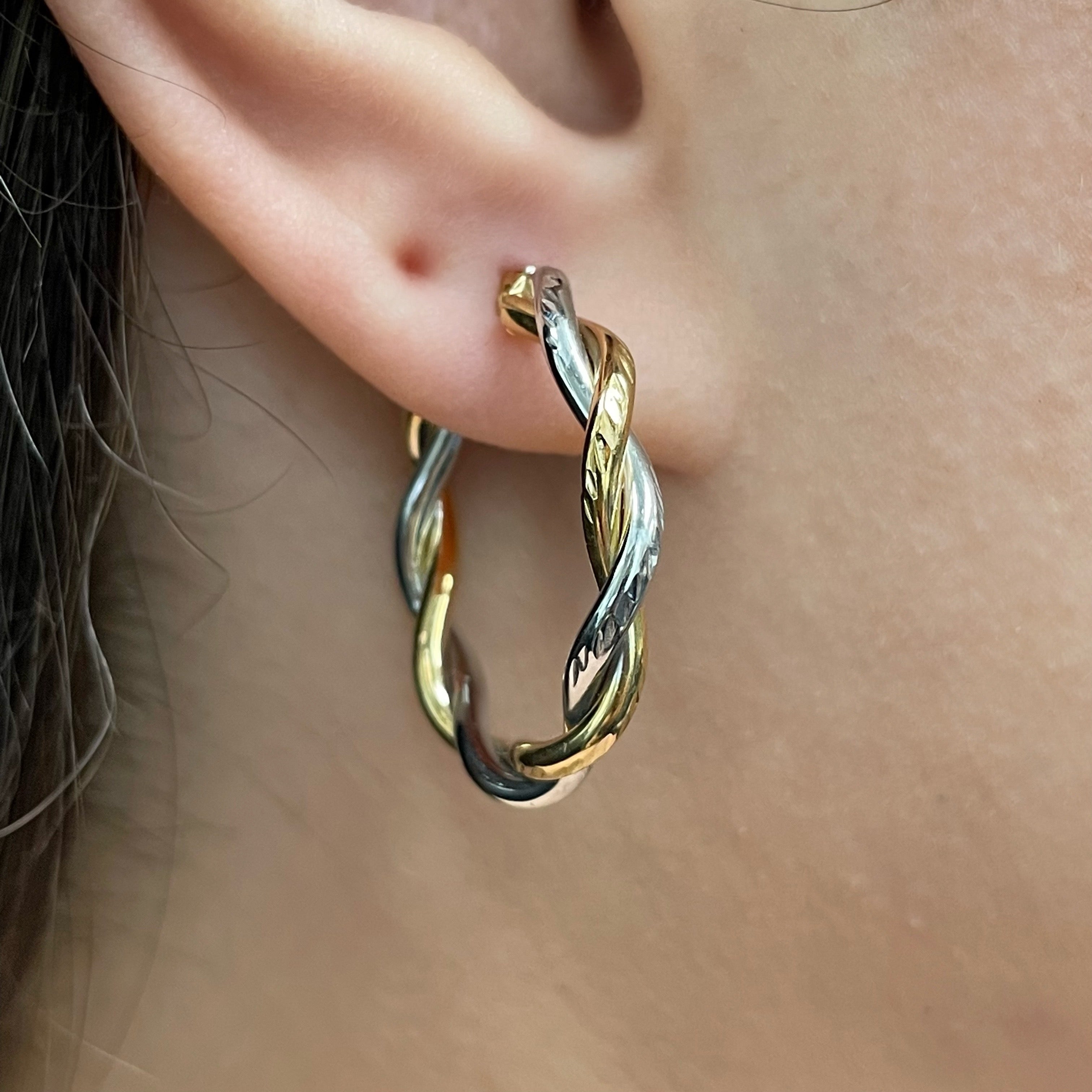 Italian 14k Yellow & White Gold Twisted Diamond Cut Medium Hollow Hoop Earrings