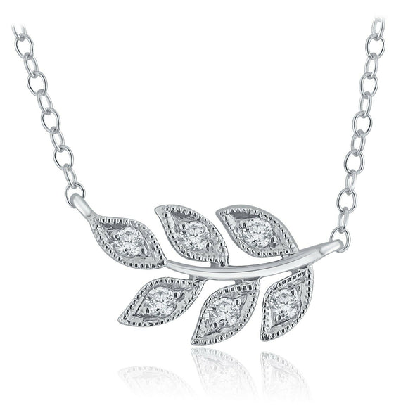 14k White Gold Diamond Accent Horizontal Leaf Branch Shaped Suspended Pendant