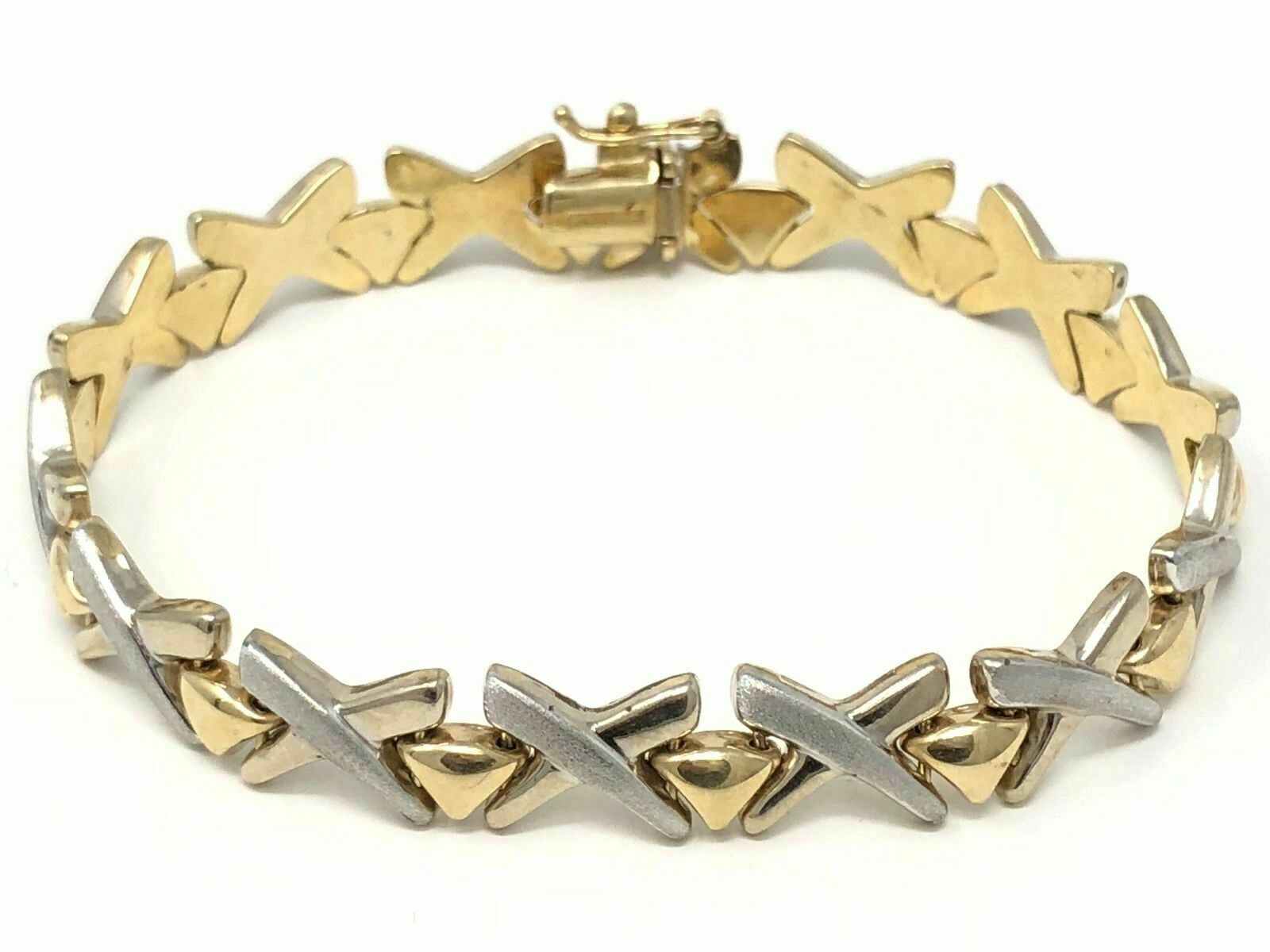 Italian 14k Two Tone Gold Fancy X Criss Cross Bracelet 7" 9mm 11 grams