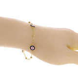 Italian 14k Yellow Gold Enamel Evil Eye Station Bracelet 7" 2.5 grams - 3 Round Dark Blue Eyes
