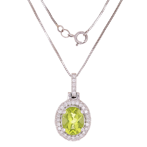 14k White Gold 0.37ctw Peridot & Diamond Oval Drop Pendant Necklace 18