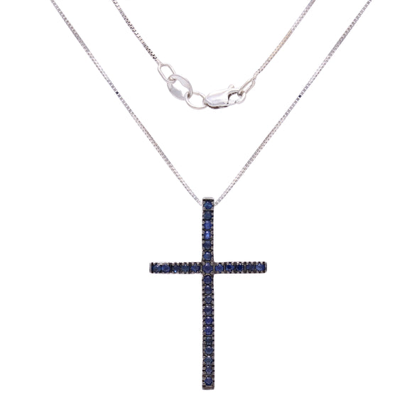 14k White Gold Sapphire Classic Cross Pendant Necklace